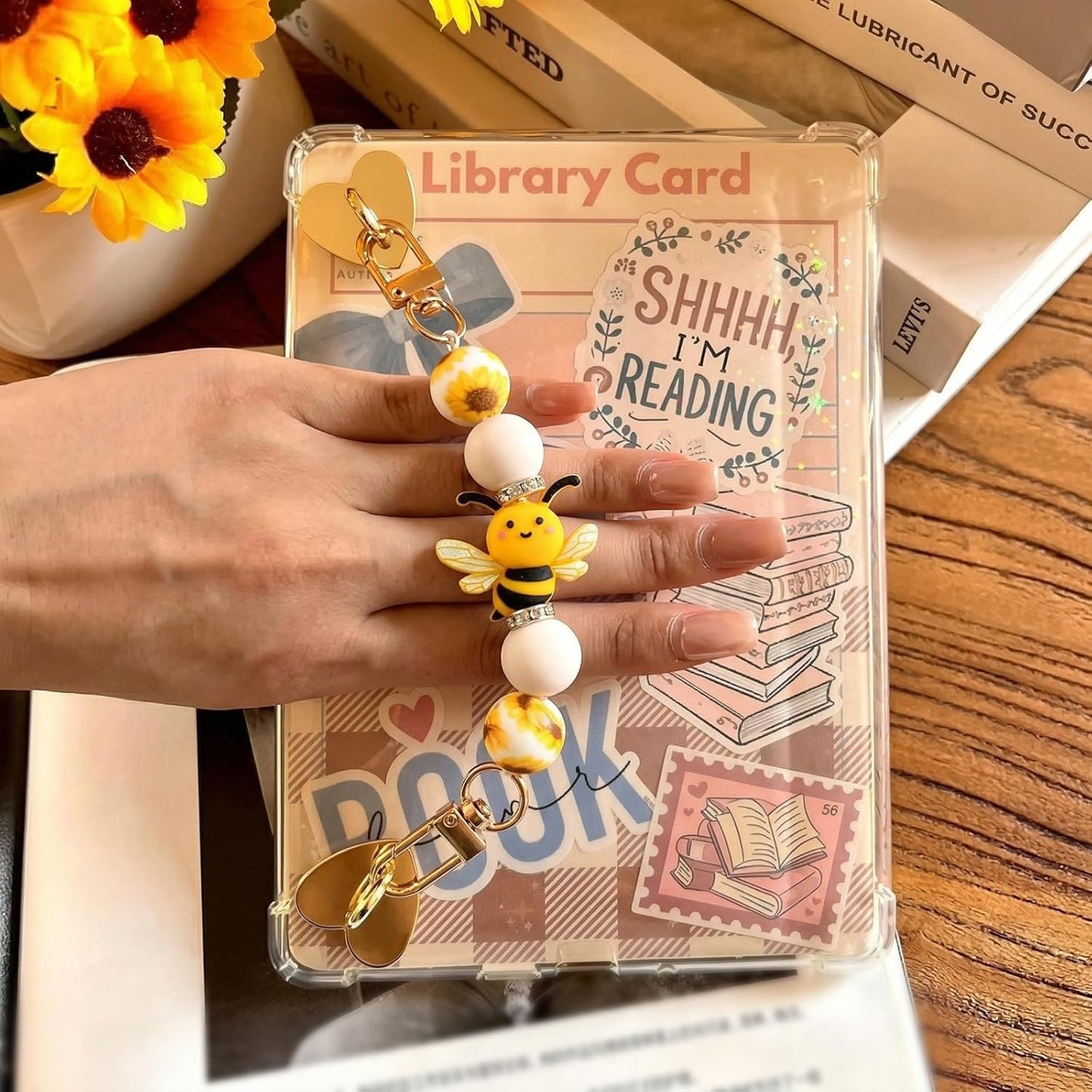 Silicone Beaded Strap for Kindle Charm - Cute Bee Style Hand Strap Bracelet Grip Chain for E-Reader, Bookish Gift