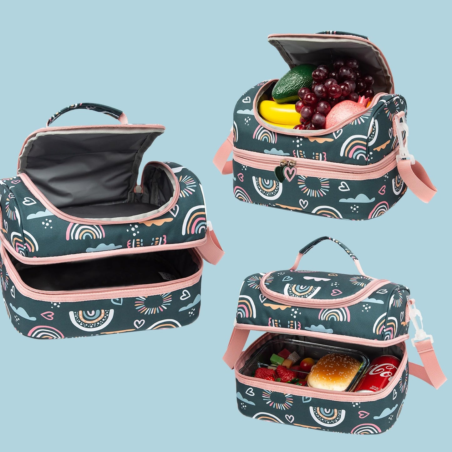 Life on track Insulated Kids Dual Compartment Lunch Bags Tote Pack for Girls Boys Toddler Kindergarten School Picnic Cooler Thermal Lunch Boxes with Strap (Green Rainbow)