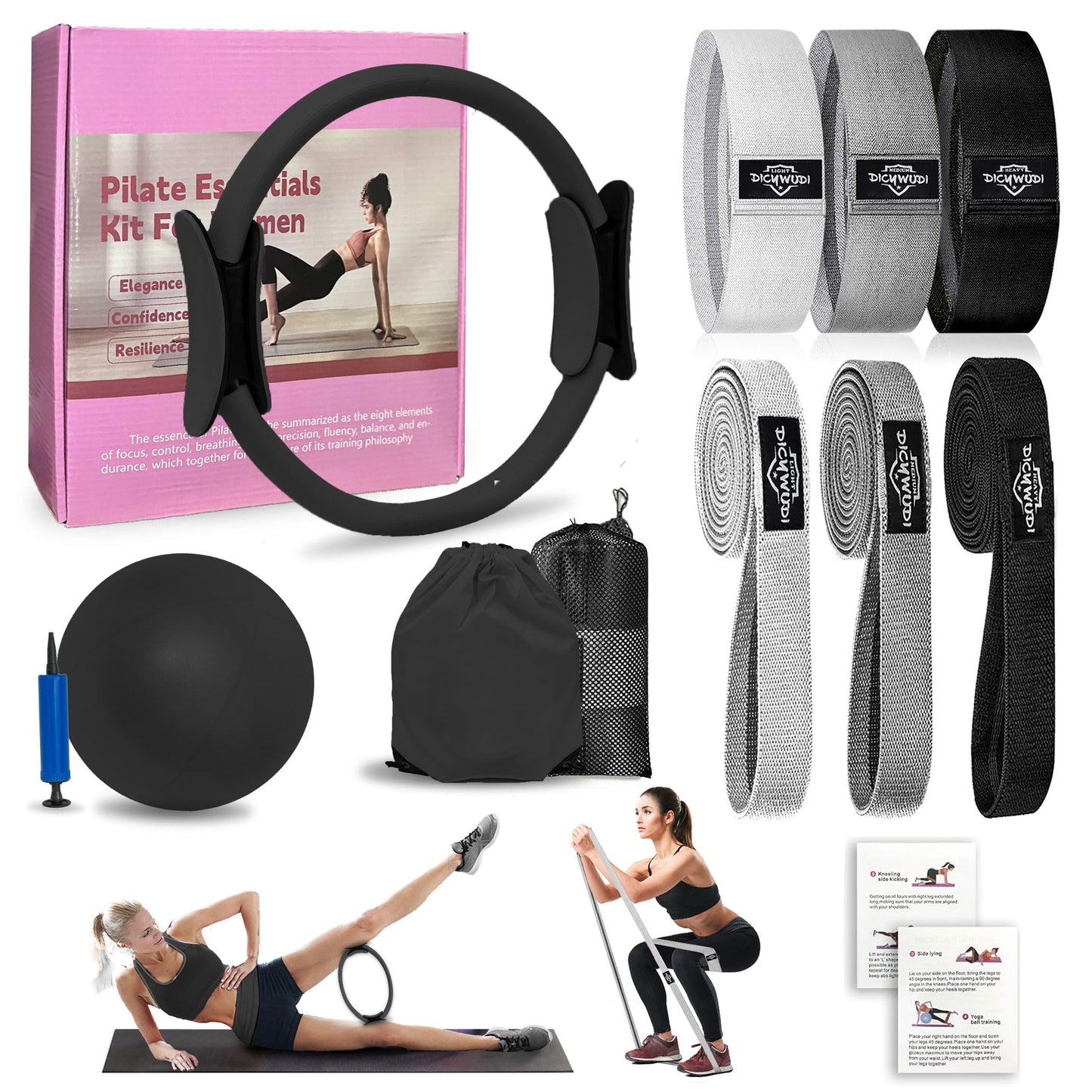 DICYWUDI Pilates Essentials Kit for Home Women, Pilates Equipment for Workouts, 6 Fabric Resistance Bands, 12 Inch Magic Circle Yoga Ring, Mini Exercise Ball, Great Exercise Accessories