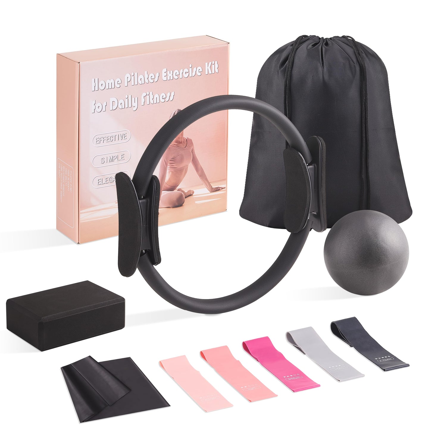 Daywhote 10 Pcs Black Home Pilates Essential Kit Workouts Fitness Mini Ball Womens Pilates Set Beginners Yoga Magic Circle