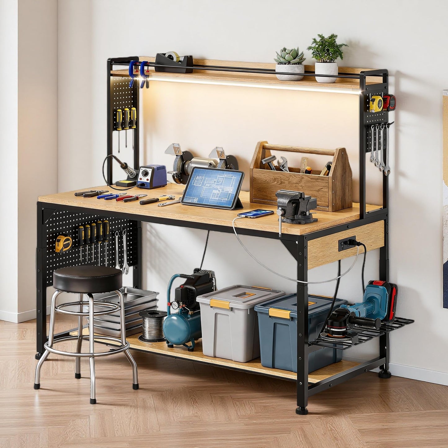 DWVO 59in Large Adjustable Height Workbench with Pegboard & LED Light, 1100lbs Load Heavy Duty Work Bench on Wheels. 59"x31" Work Table for Garage, Workshop, with AC/USB Outlet, Storage Shelf, Hooks