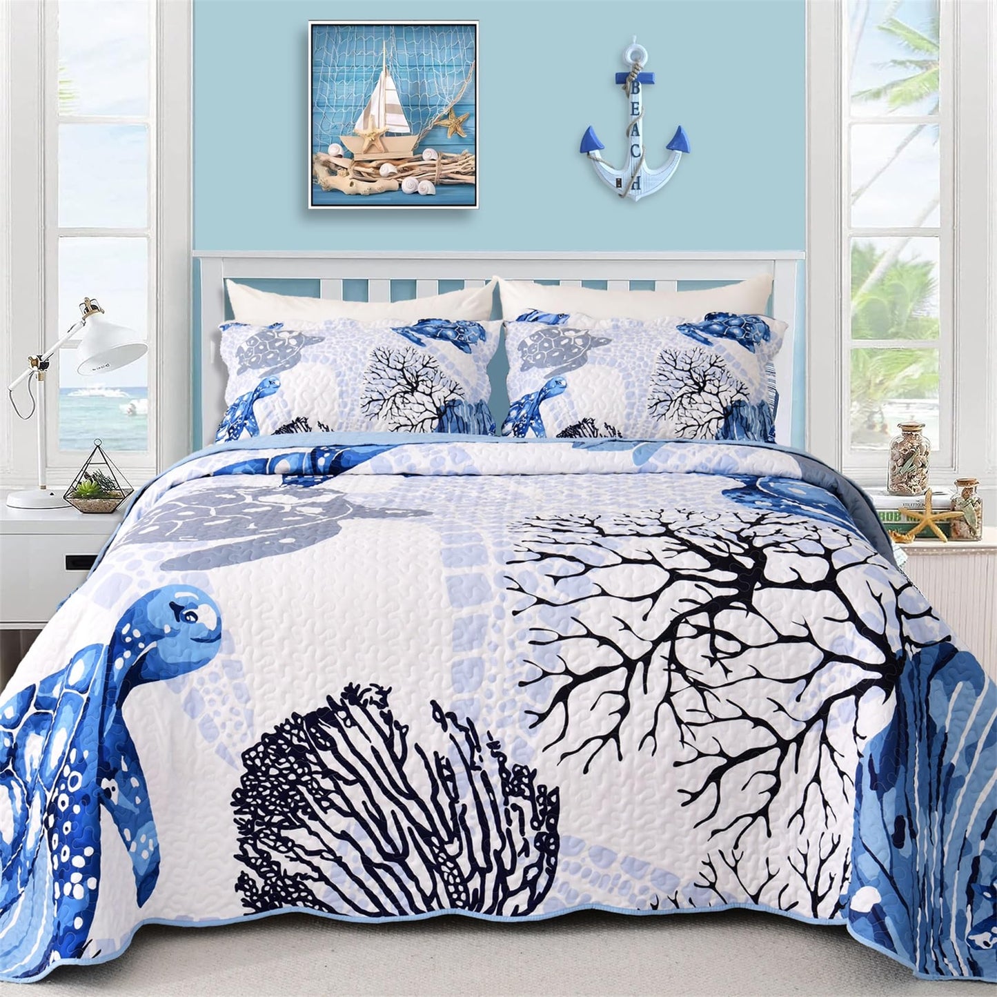 3 Piece Coastal Quilt Set King Size,Soft Lightweight Ocean Quilt,Beach Turtle Starfish Coral Printed Bedspread Bed Set with 2 Shams,Summer Quilt Bedding Set for All Season (106”x96”,Navy Blue)