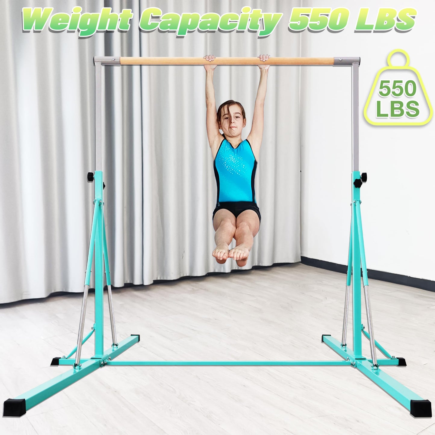 Gymnastics Bar, 5'10” Base length 45" to 71" Adjustable Horizontal Bar for Serious Training, 500 LBS Capacity, Professional Home Gym Equipment with Competition-Grade Beech-covered Fiberglass Bar