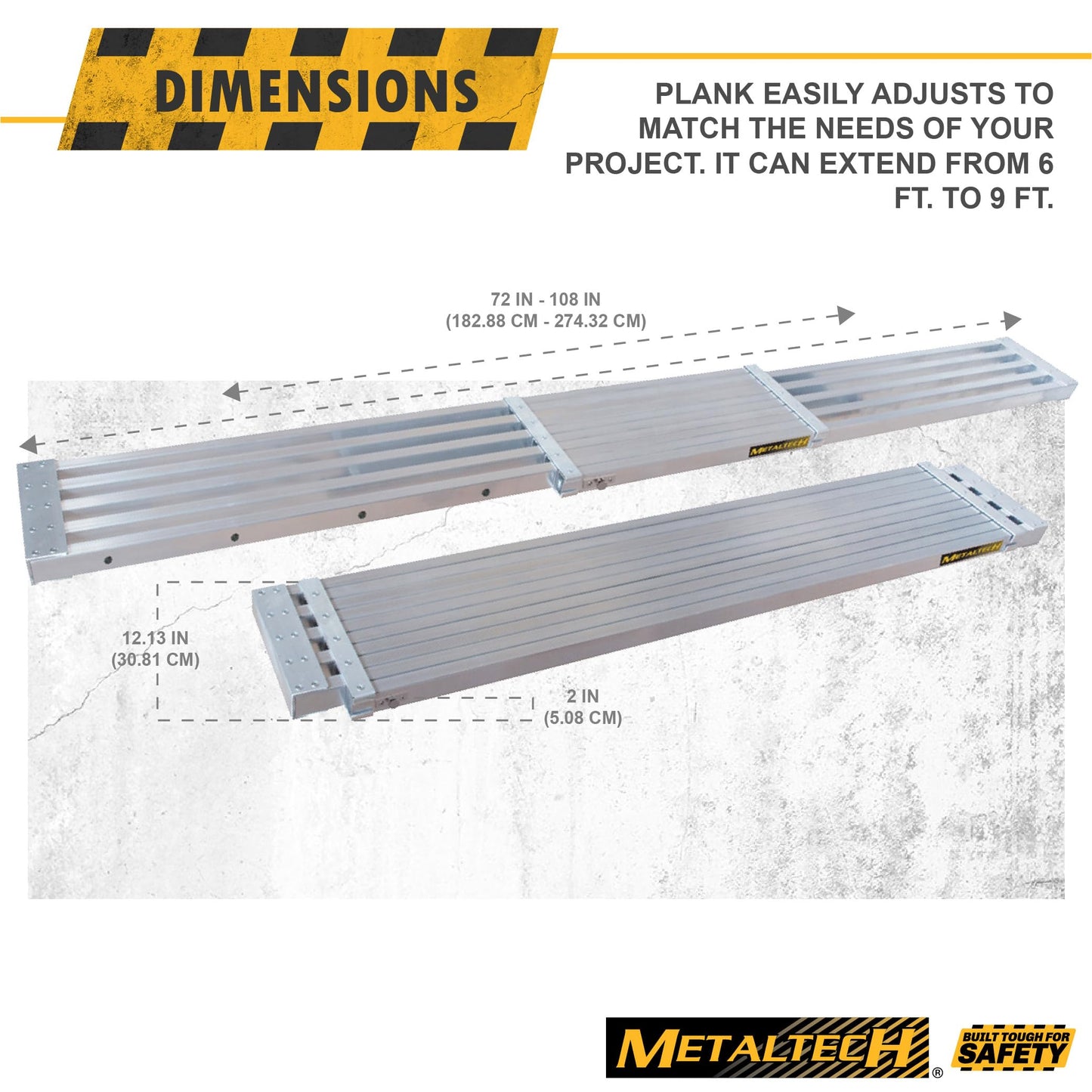 Metaltech M-PEP7000AL Telescopic Aluminum Plank Board, 6 to 9-ft. Adjustable Work Platform for Step Ladders and Sawhorses, Work Plank, Ladder Accessory, and Scaffold Tool for Home Improvement