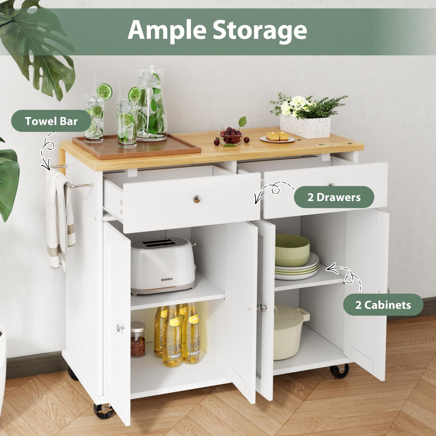 JY QAQA 39" Kitchen Island on Wheels with Storage Cabinet Kitchen Cart Cabinet with Shelves, Cart Handle for Towel Rack or Free Mobility, Portable Islands for Kitchen, White