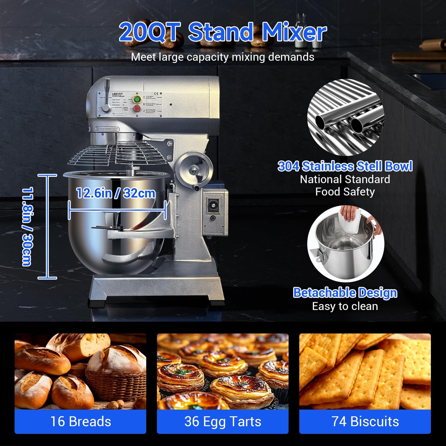 EKway 20Qt Commercial Stand Mixer with Timing Function,1100W Commercial Mixer 3-Speed Adjustable,Electric Stand Commercial Dough Mixer with Stainless Steel Bowl for Bakery Pizzeria