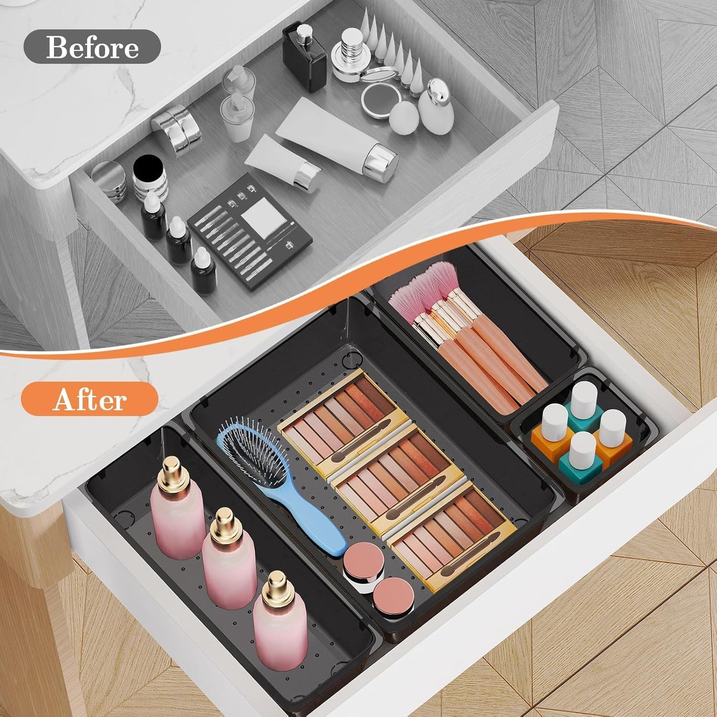 SpaceHacks 25 PCS Plastic Drawer Organizer Set - Versatile Tool Trays & Storage Bins for Makeup, Jewelry, Gadgets | Clear & Black
