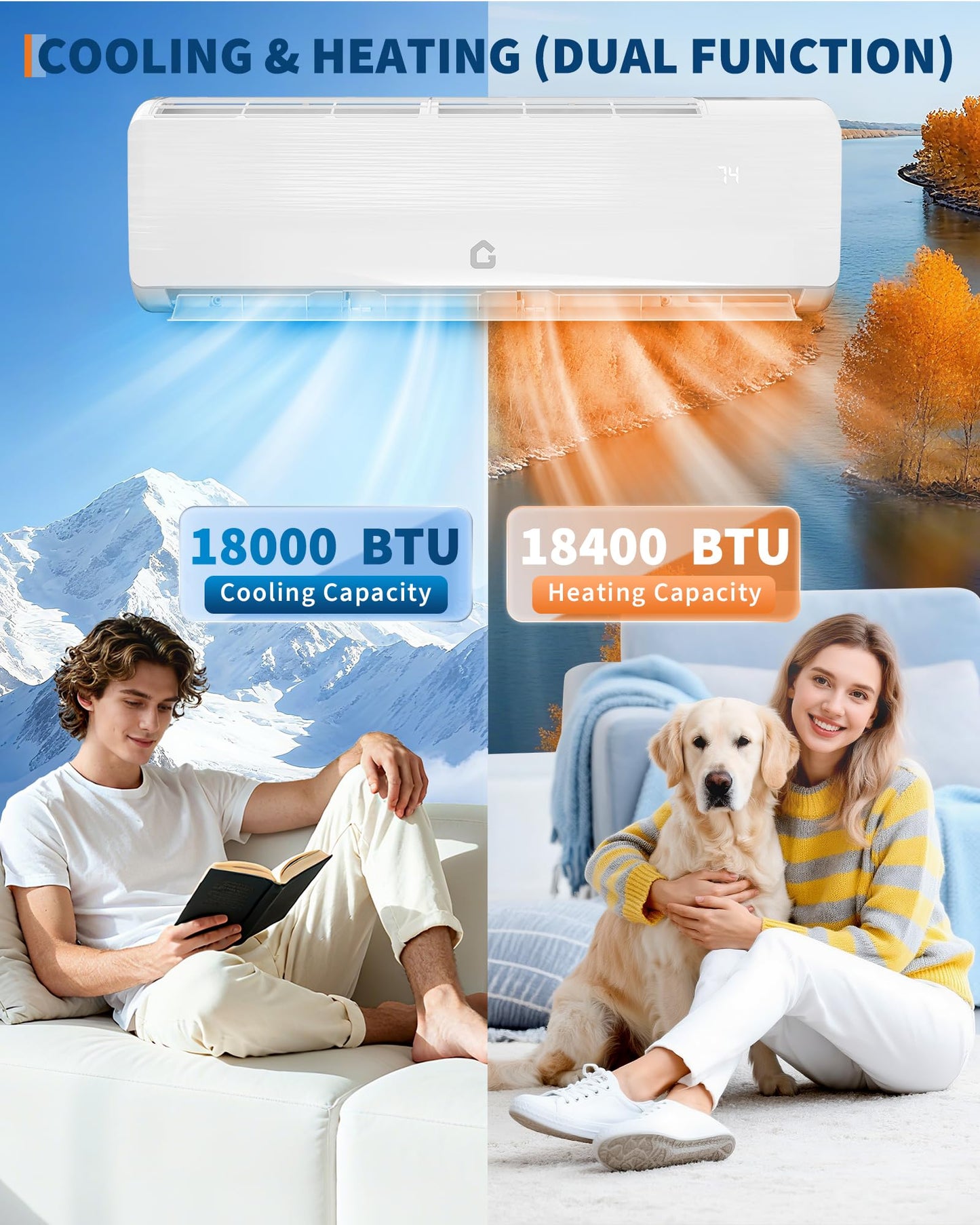 GarveeTech 18000 BTU Mini Split Air Conditioner - 19 SEER2 Ductless Inverter AC with 208-230V, Cools Up to 1250 Sq. Ft, Built-in Heat Pump System, White