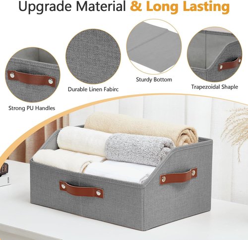 Bagnizer Closet Organizers - Linen Trapezoid Storage Bins with Handles | Collapsible Gray Shelf Organizer for Blankets, Towels, and More
