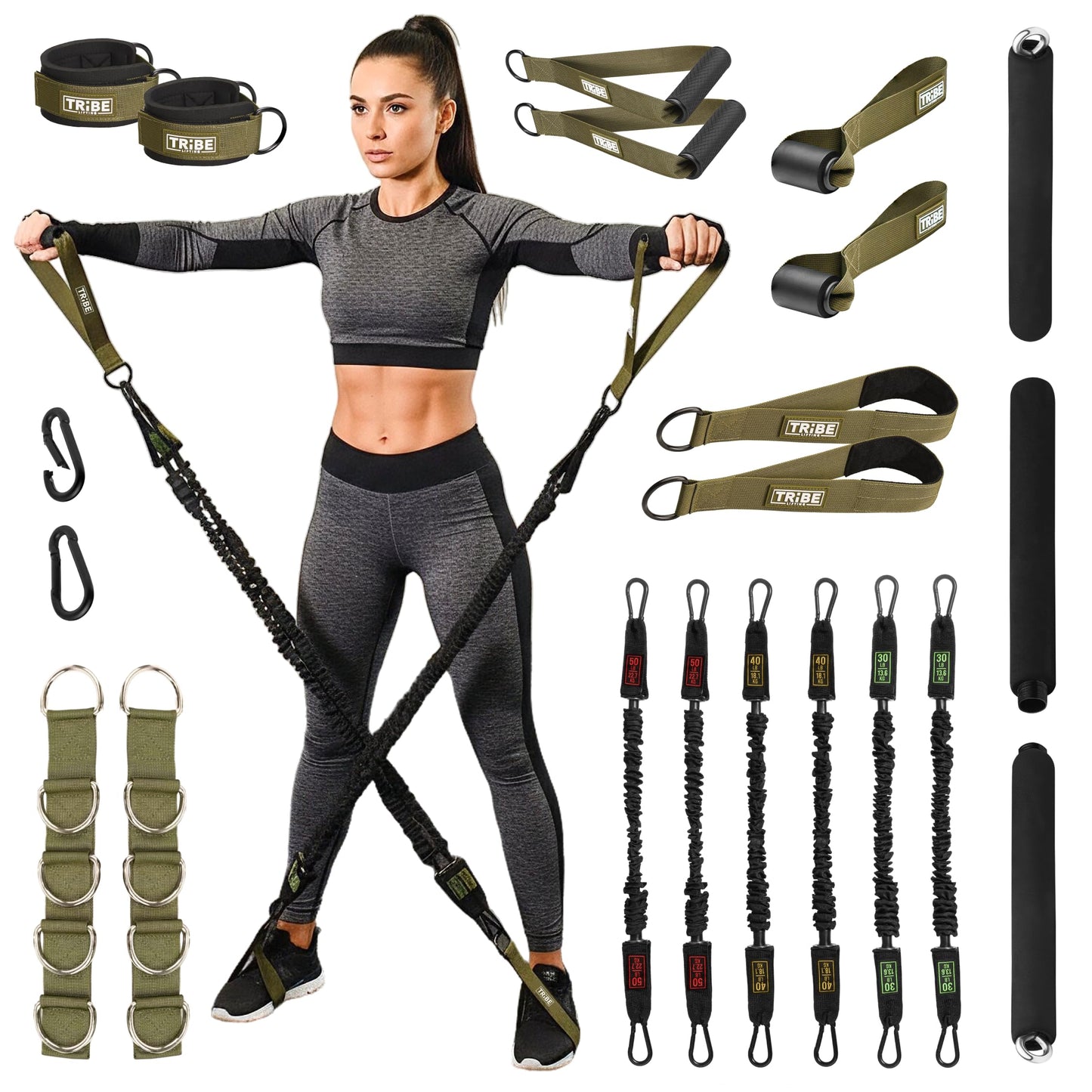 Tube Resistance Bands for Working Out Men and Women - 180lb Exercise Bands Set with Handles, Resistance Band Bar, Ankle Straps, Foot Straps, Door Anchor for Home Gym Strength (Military Green)