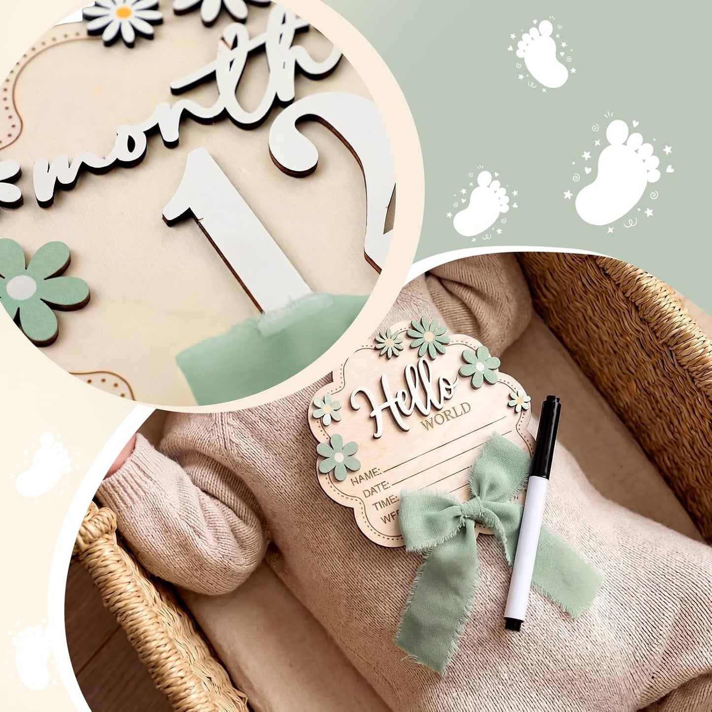 Amyhill Sage Green Bow Hello World Newborn Baby Sign Flower Baby Birth Announcement Sign with Pen Newborn Essentials