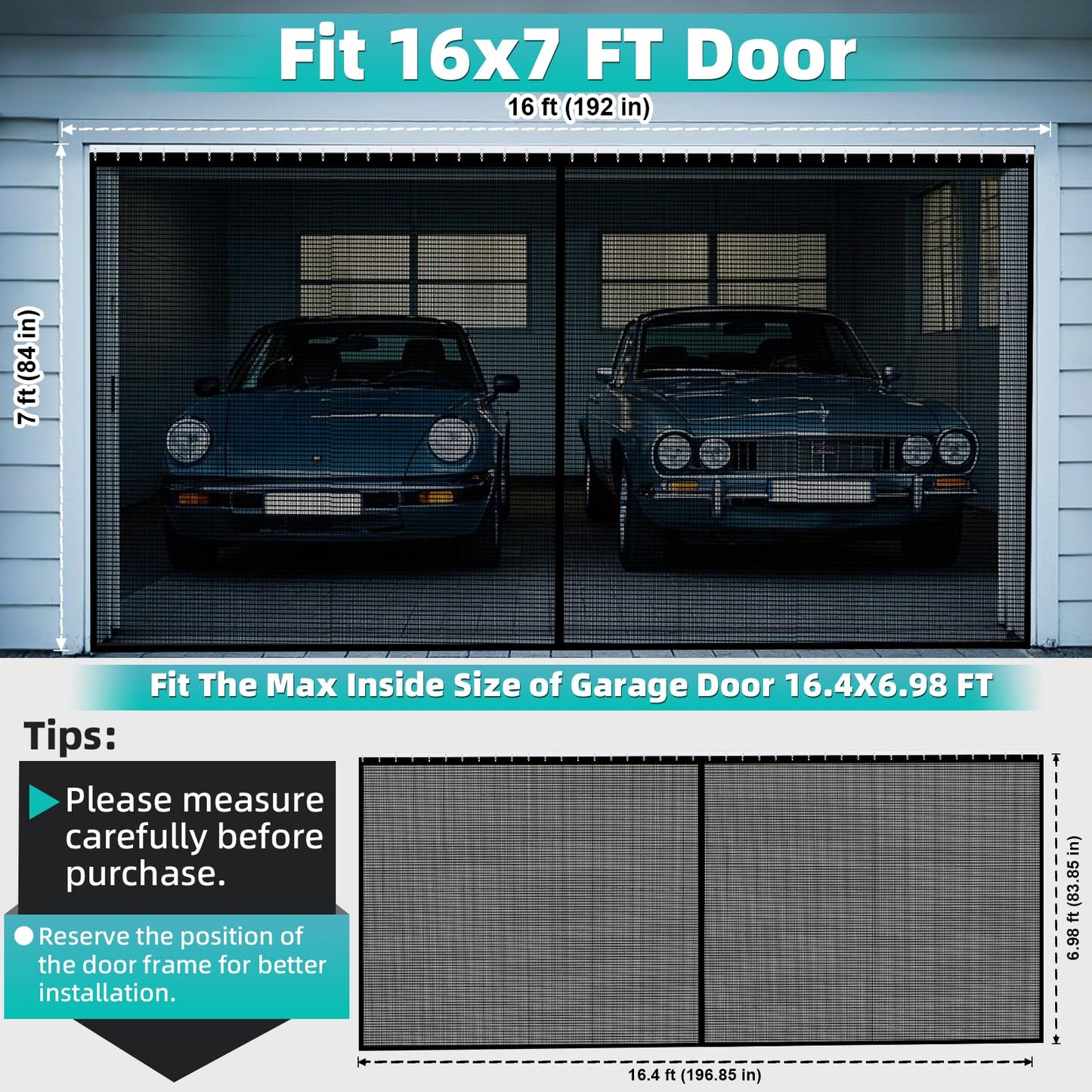 Sliding Garage Door Screen 2 Car 16x7Ft, Retractable Garage Screen Door with Track Closure, Heavy Duty Fiberglass Mesh Garage Net Screen, Keep Bugs & Animals Out, Easy Assembly Privacy Protection