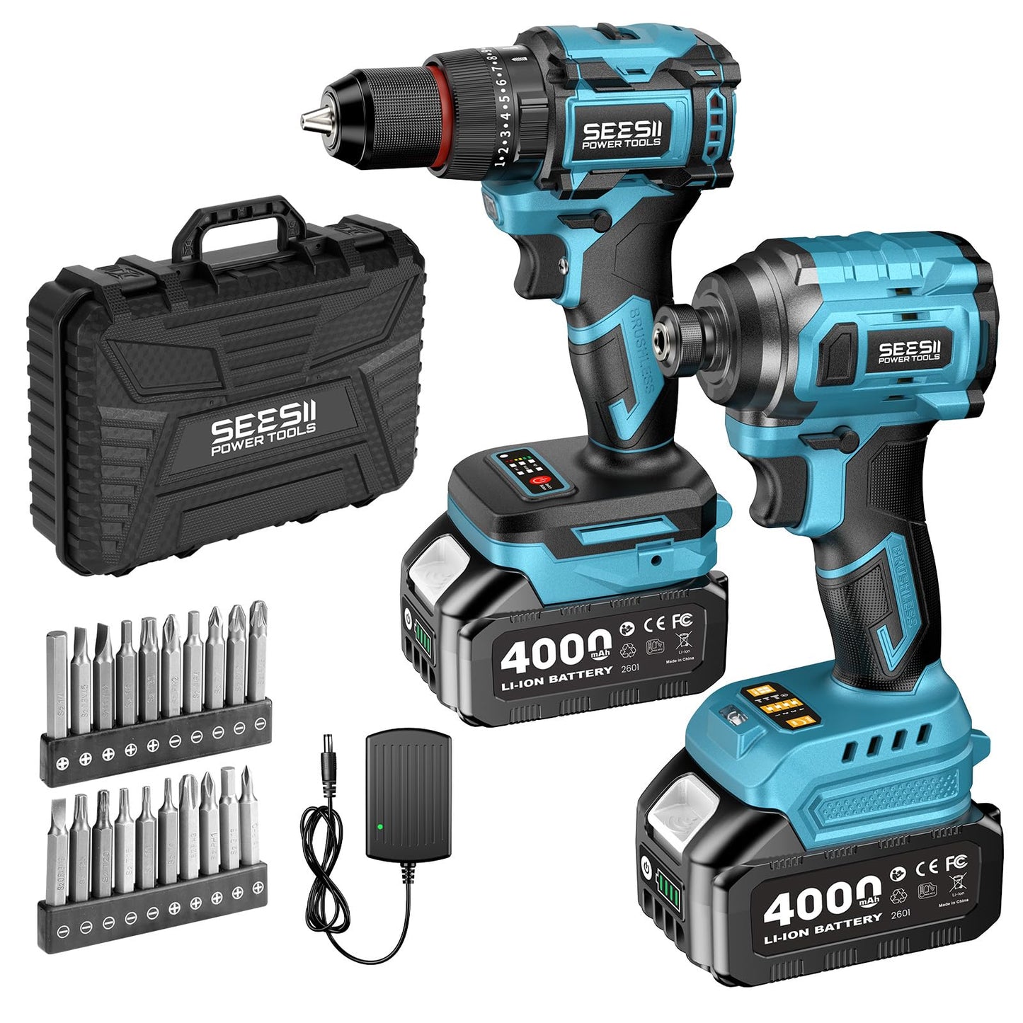SEESII 21V Max Cordless Drill and Impact Driver, Power Tool Combo Kit Included 3/8'' Drill & 1/4'' Impact Driver, 2x 4000mAh Battery, Fast Charger, 20 pcs Driver Bit Set & Bag