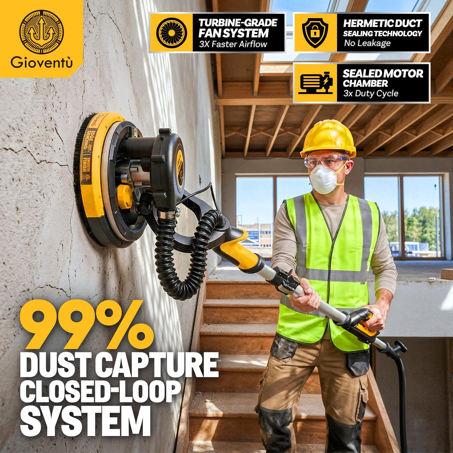 Dustless Drywall Sander with Auto Vacuum Dust Collector, 780W Foldable Electric Wall Sander, 26FT Power Cord, 7 Variable Speed 900-1800RPM, LED Light for Popcorn Ceiling, Interior Walls, Plaster