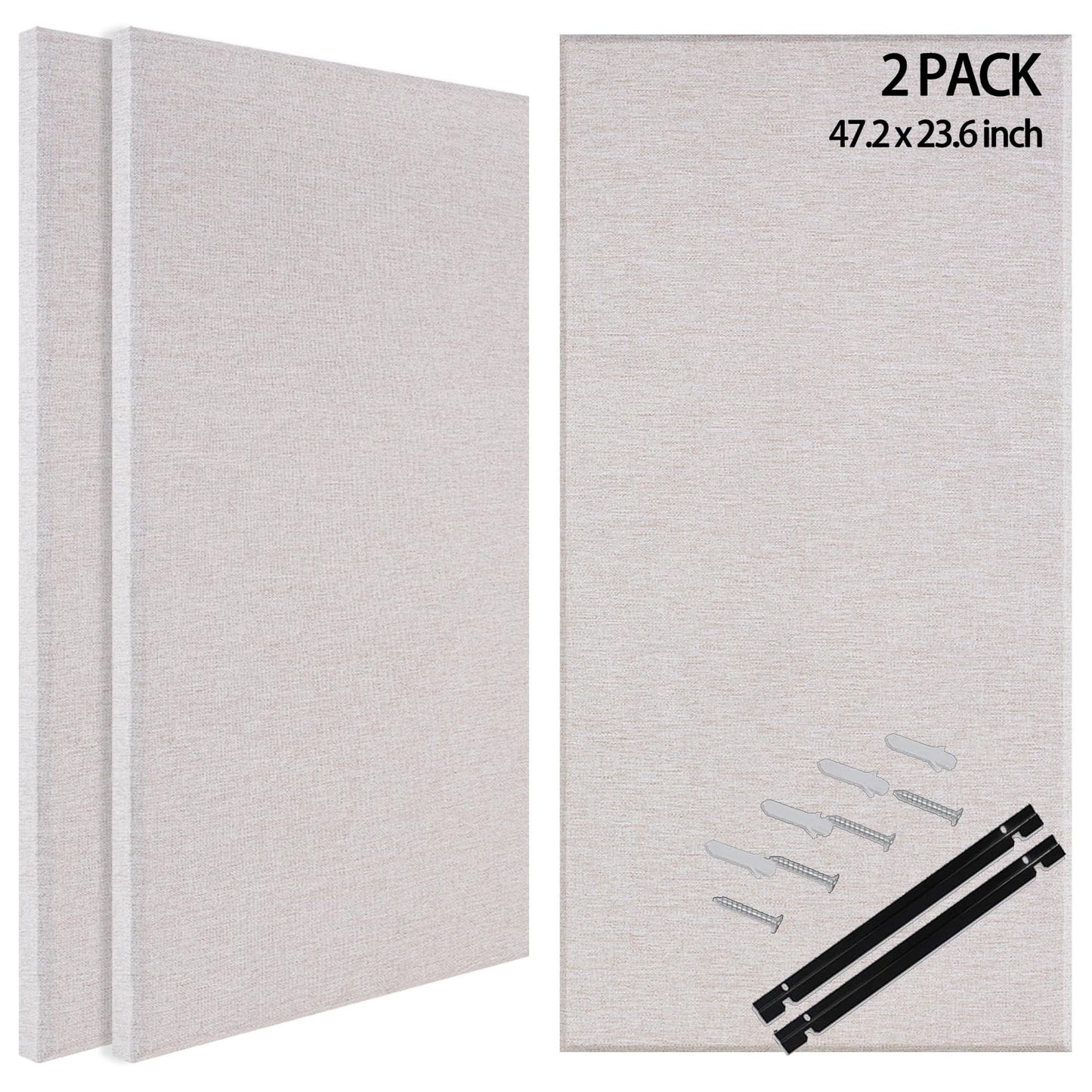 BUBOS 2-Pack Fabric Acoustic Panels with Hanging Hardware, 47.2" x 23.6" x 2" Large Soundproofing Wall Panels, High-Density Sound Absorbing Decor for Home Theater, Studio & Office,Linen