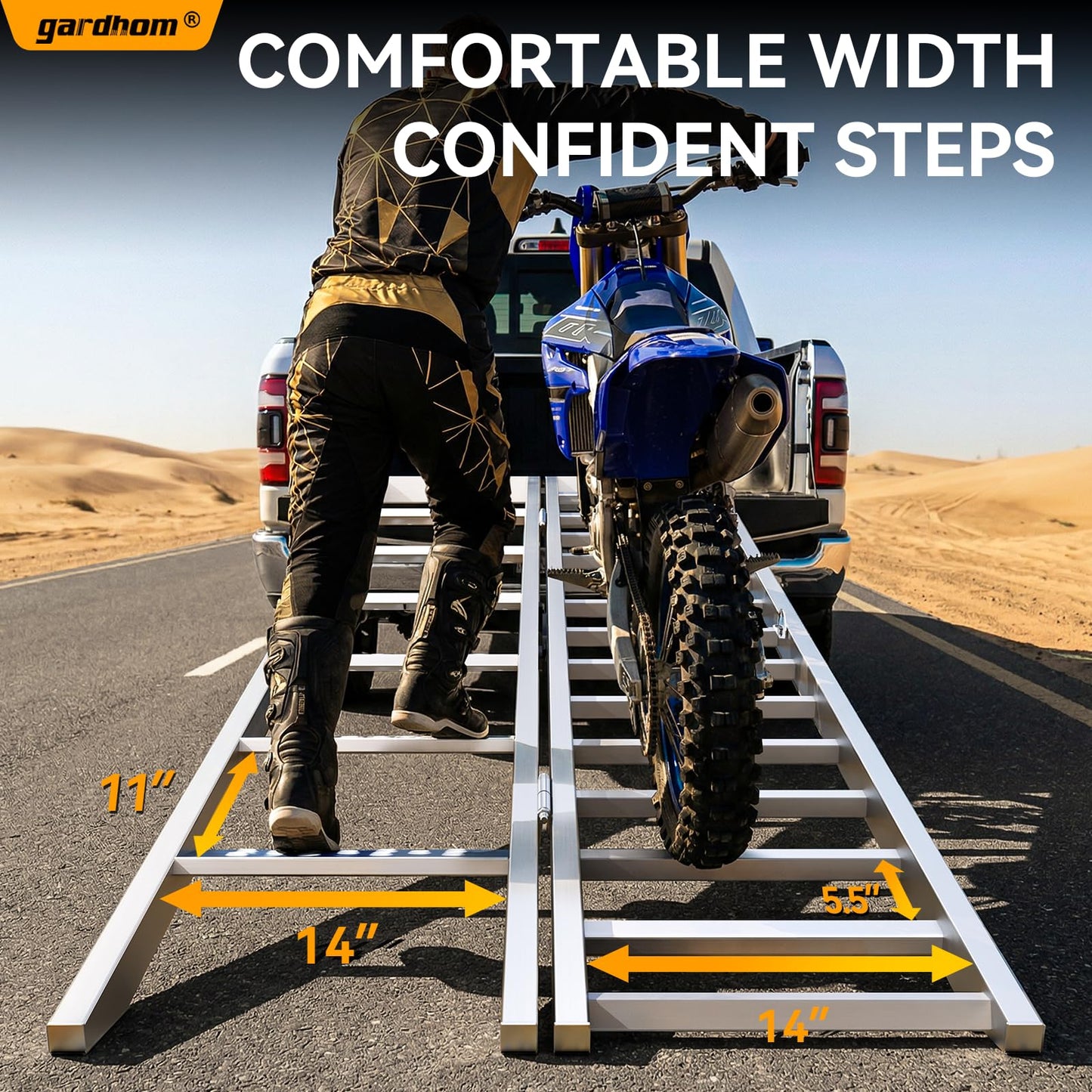 gardhom Aluminium Motorcycle Ramp with Steps, 900 LBS Capacity Folding Dirt Bike Ramp for Pickup Trucks, Portable Loading Ramps for Motorcycle, Dirtbike, Bike