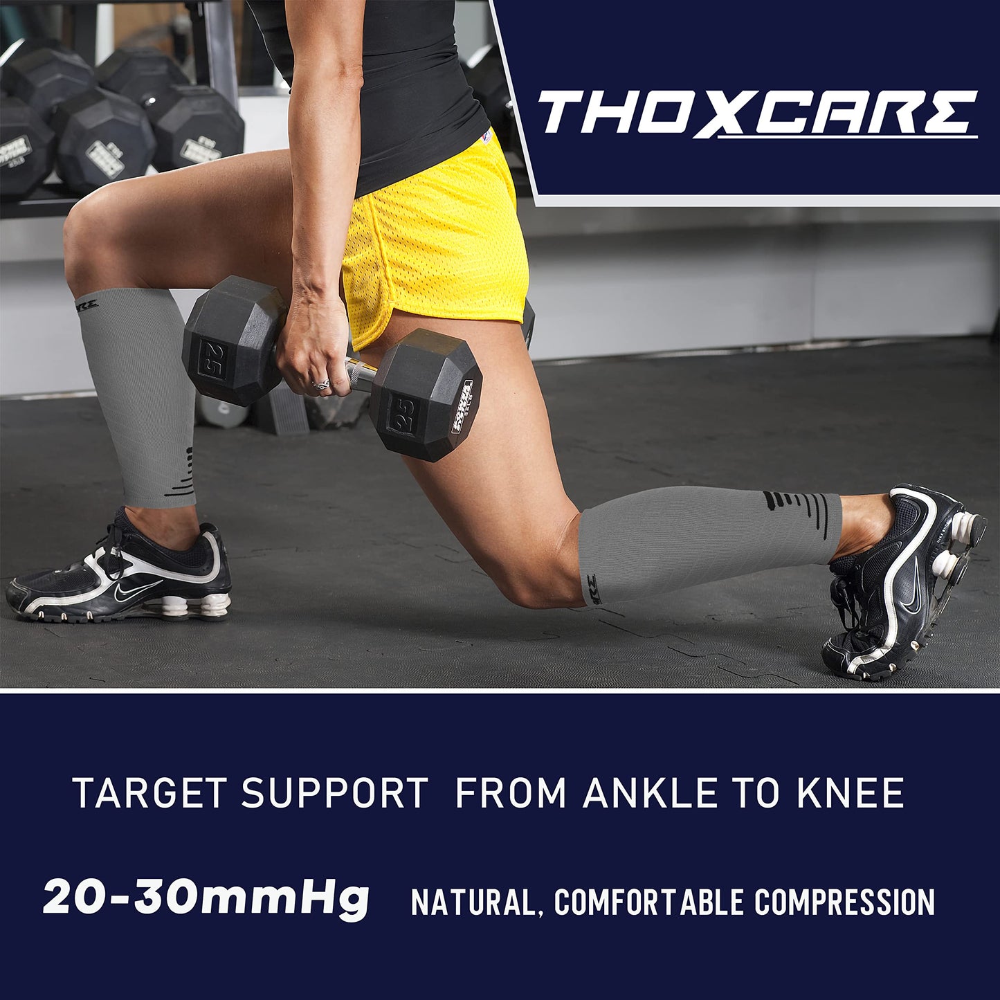 Thoxcare Calf Compression Sleeve for Men Women (1 Pair), Leg Support Footless Compression Socks for Running - Shin Splint Varicose Veins Swelling & Pain Relief, Gray/Black, Large
