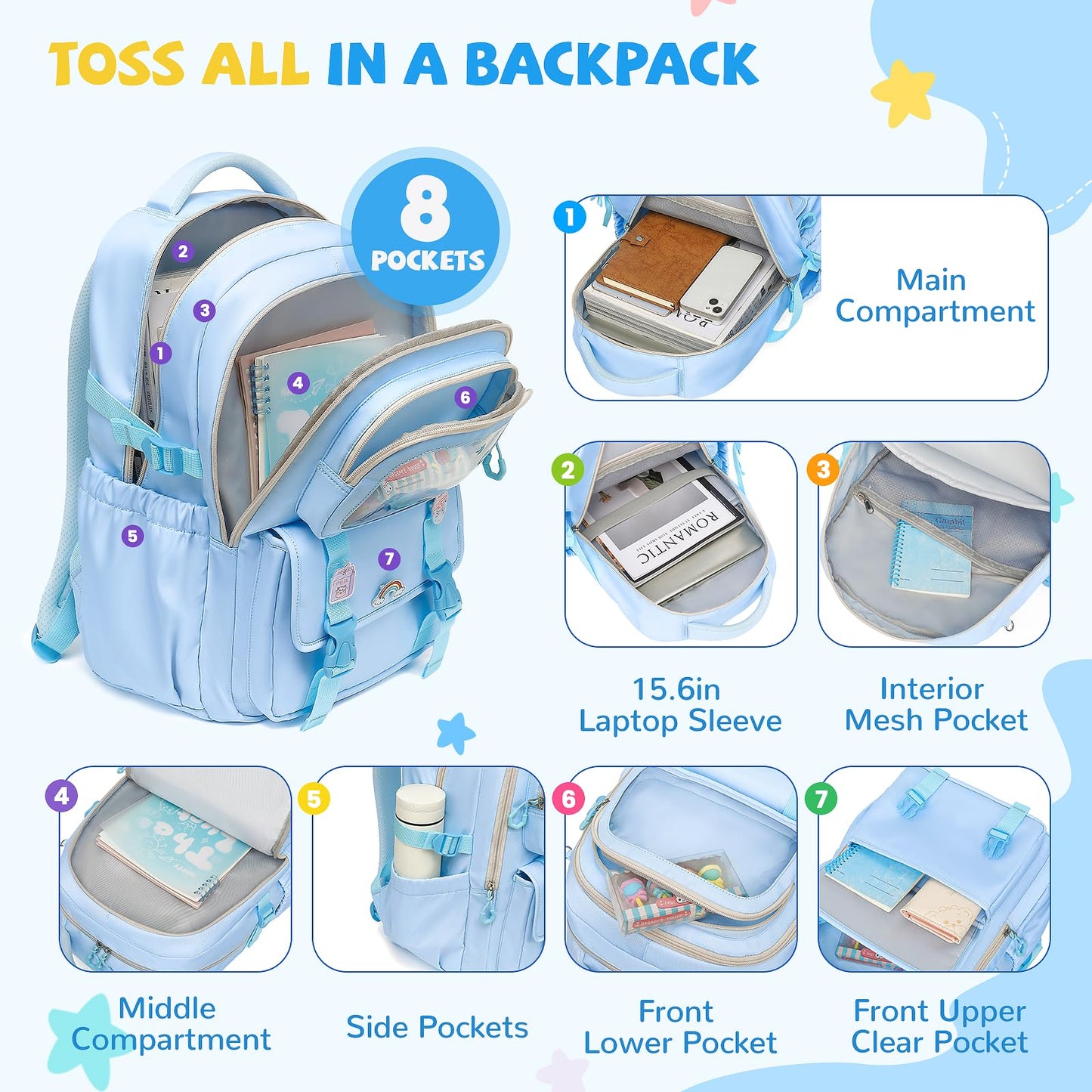 QIXIHU Girls Backpack, Kawaii Kids Backpacks for Girls Multiple Pockets School Bookbag for Girl for Primary Elementary School, Age 6-12 Years Old, Blue