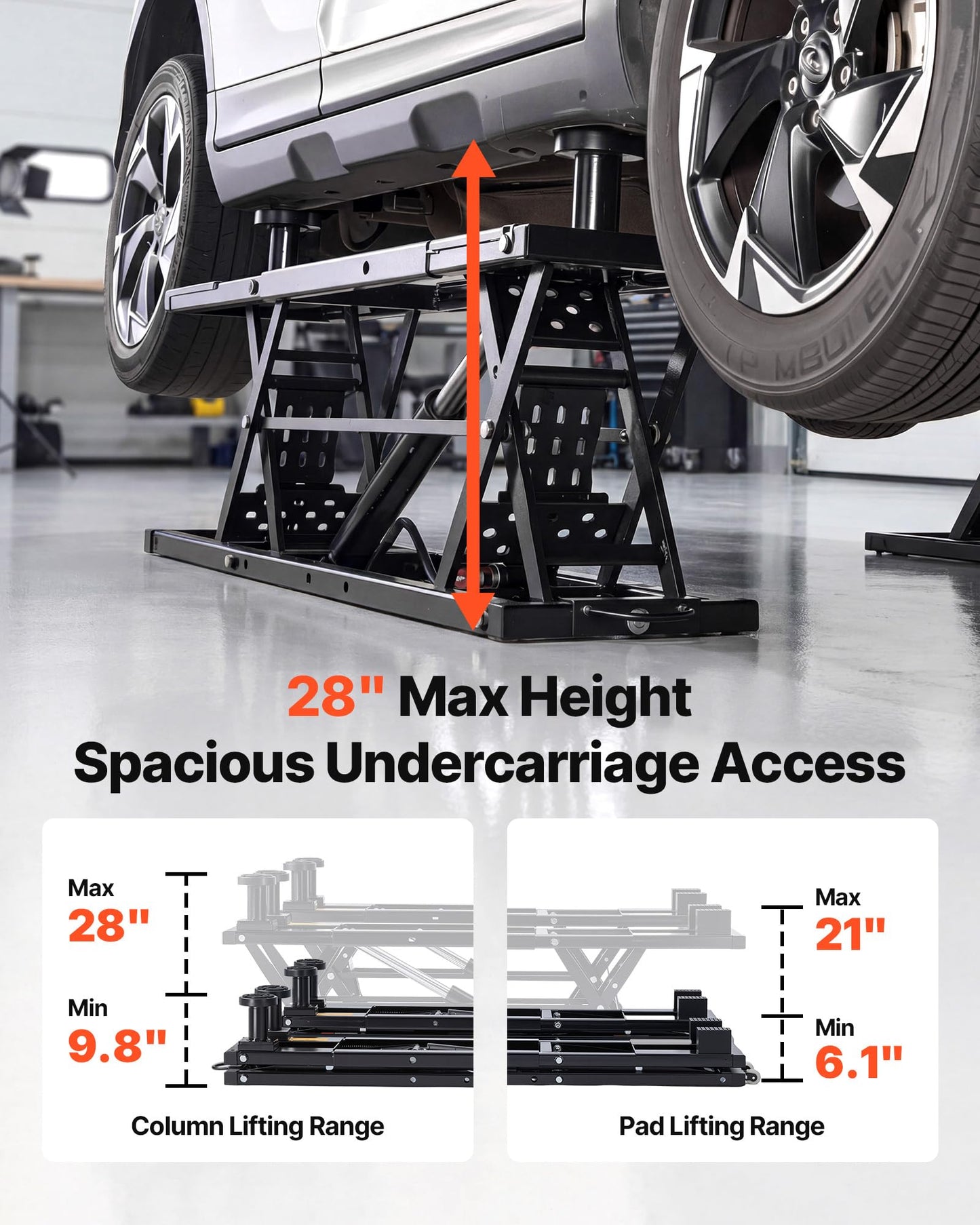 VEVOR Portable Car Lift, 9000 lbs Capacity, Heavy Duty Steel Truck Lift with 28" Max Height, 120V Power Unit, Wheels, 4 Rubber Pads & 4 Lifting Columns for Cars, SUVs, Trucks, Home Garage or Shop Use