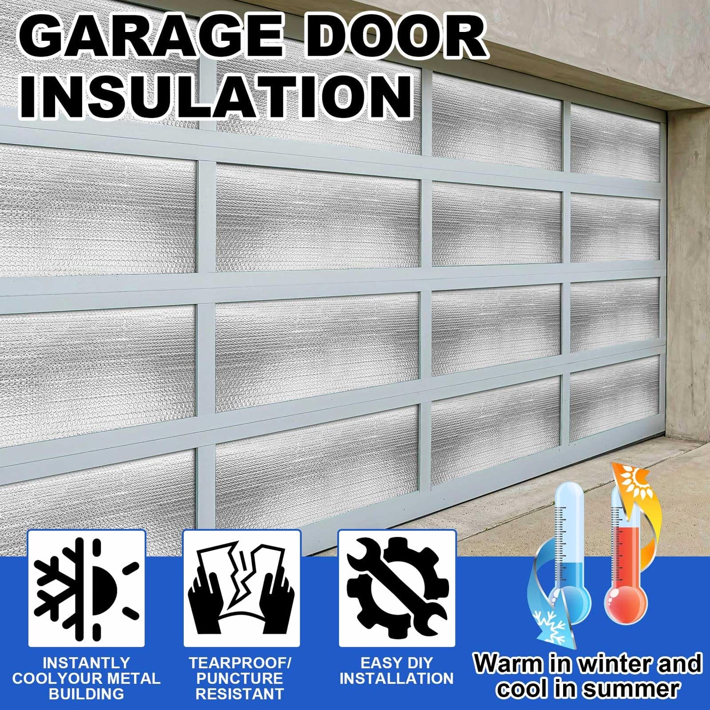 Pushglossy 16 Pack 24'' x 48'' Self-Adhesive Garage Door Insulation Kit 2 Car Panel 0.24'' Thick Double Bubble Insulation for Garage Door Set Backing and 160 Tape Reflective Aluminum Radiant Barrier