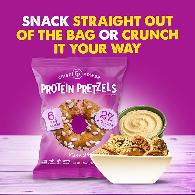 Crisp Power Protein Pretzels, Sesame, High Protein Vegan Keto Snack, 27 G Plant Based Protein, Low Carb Crunchy Pretzel Snacks, Sugar Free, No Seed Oils, 1.75 oz Bags, 6 Pack