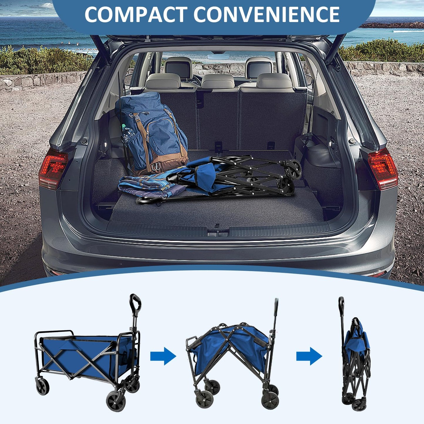 SAILARY Collapsible Utility Cart Folding Wagon, 320lbs Capacity Lightweight Rolling Cart with Quiet Wheels, Quick-Fold Design for Camping, Shopping, Ourdoor Use, Blue