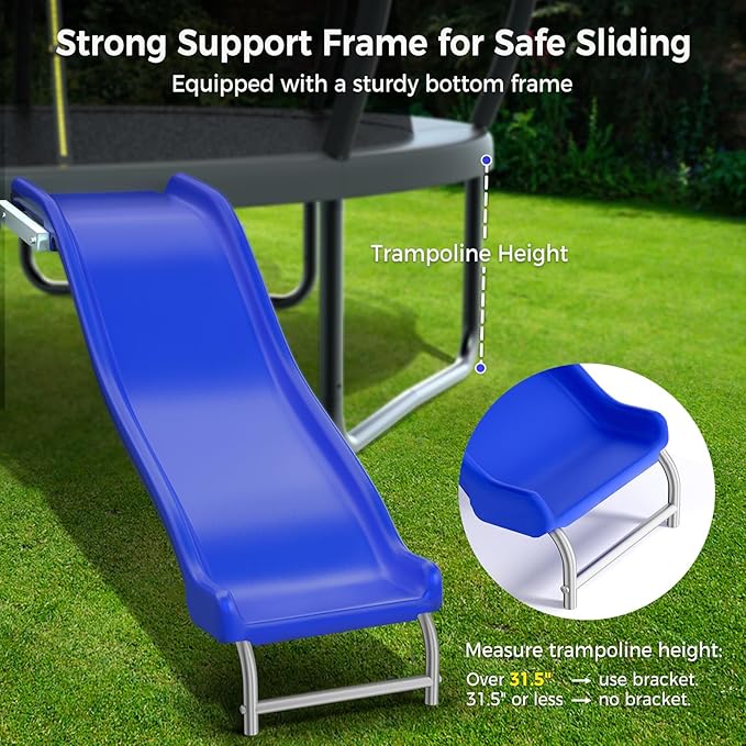 Heavy Duty Plastic Trampoline Slide with Support Frame for 8-16FT, Outdoor Plastic Slide for Trampoline, Adjustable Safer Trampoline Ladder for Kids 6+, 220 LBs Capacity, Blue