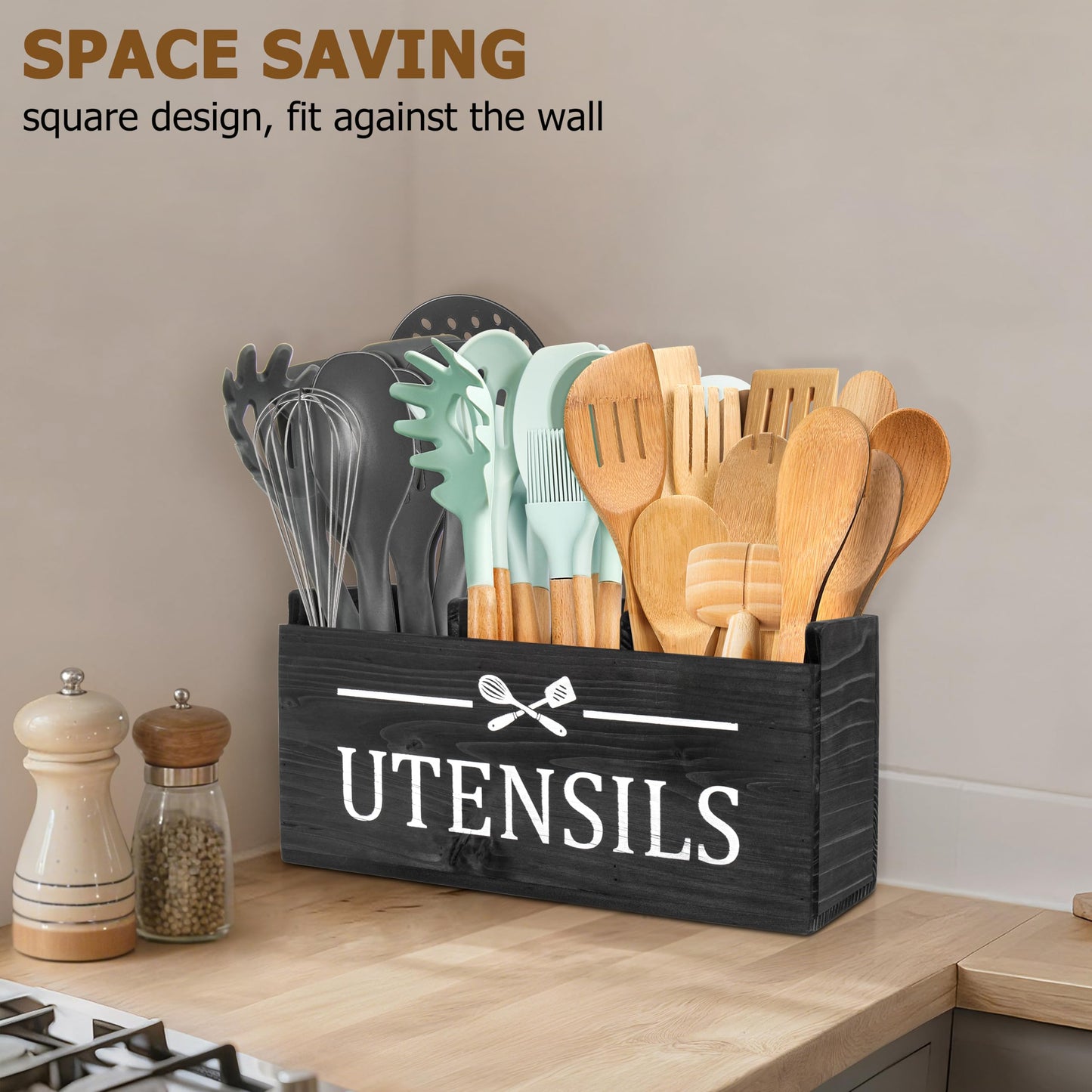 RedCall Wooden Kitchen Utensil Holder for Counter-top,Large Utensil Organizer for Storage Cooking Tool and Silverware,Extra Large Rustic Wood Container (Black)
