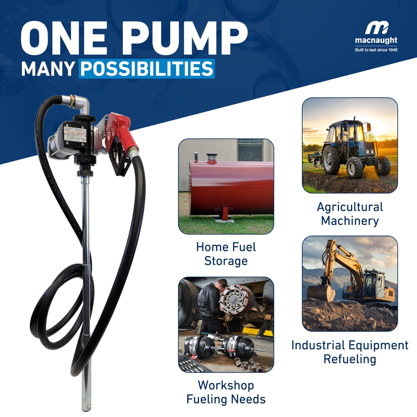 Macnaught Fuel Transfer Pump M3 120V, 20 GPM 1" High Flow Fuel Pump, Auto Shut-Off, Nozzle, Discharge Hose, Expandable to 36" Length, CSA Certified for Gasoline, Diesel, Kerosene, Mineral Spirits