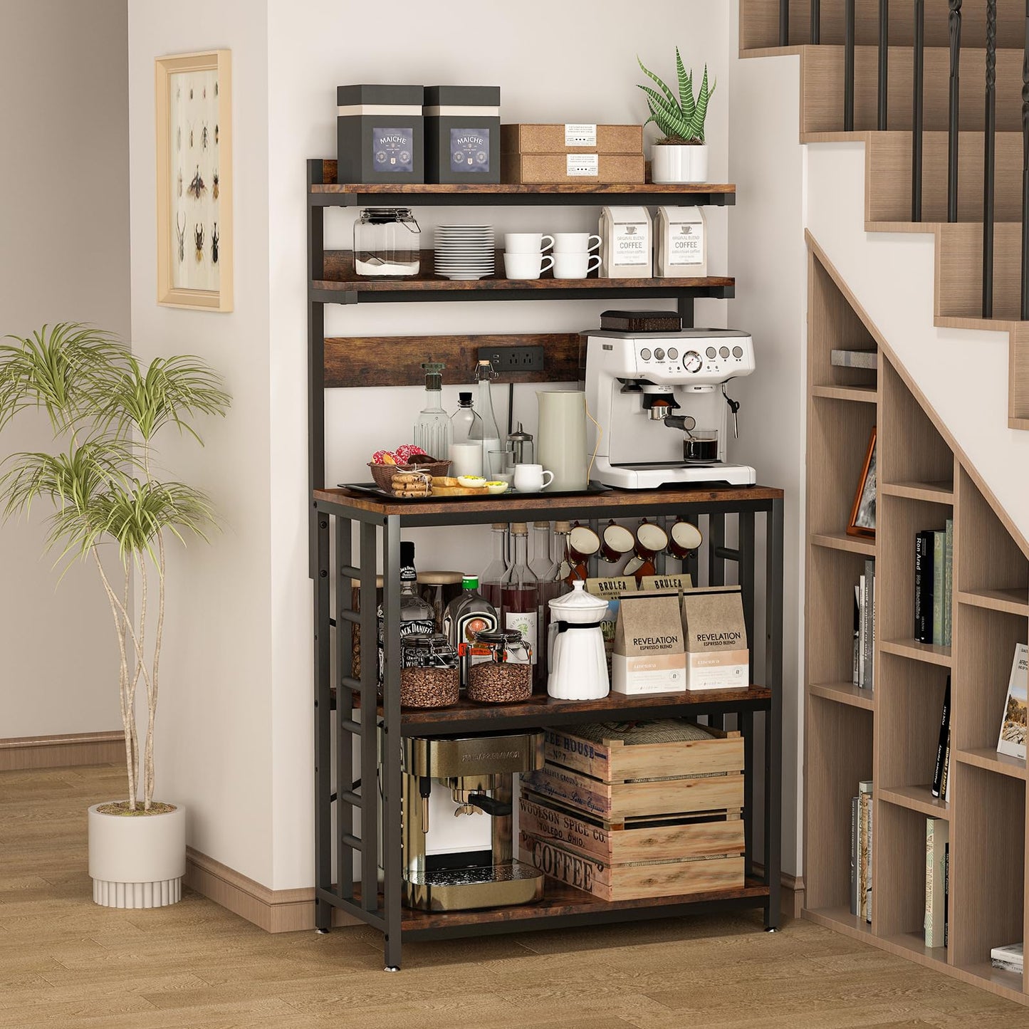METYERRY Adjustable Bakers Rack with Power Outlet,Coffee Bar Station with Led Lights,Microwave Stand with Storage,5-Tier Kitchen Shelf,Kitchen Storage Rack for Spices, Pots and Pans,Rustic Brown