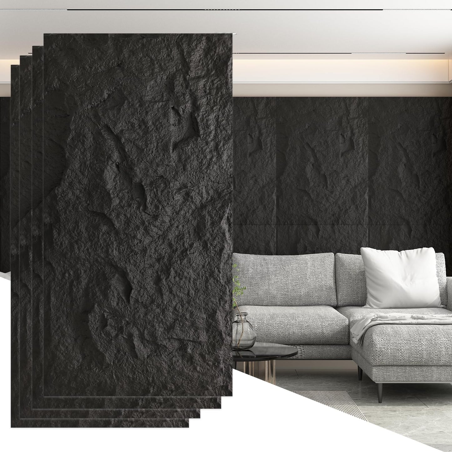 OUZUGIE 4 PCS Faux Stone Wall Panel 47.2’’ x 23.6’’ Interior Exterior Wall Decor 3D PU Panel with Lava Stone Design Black
