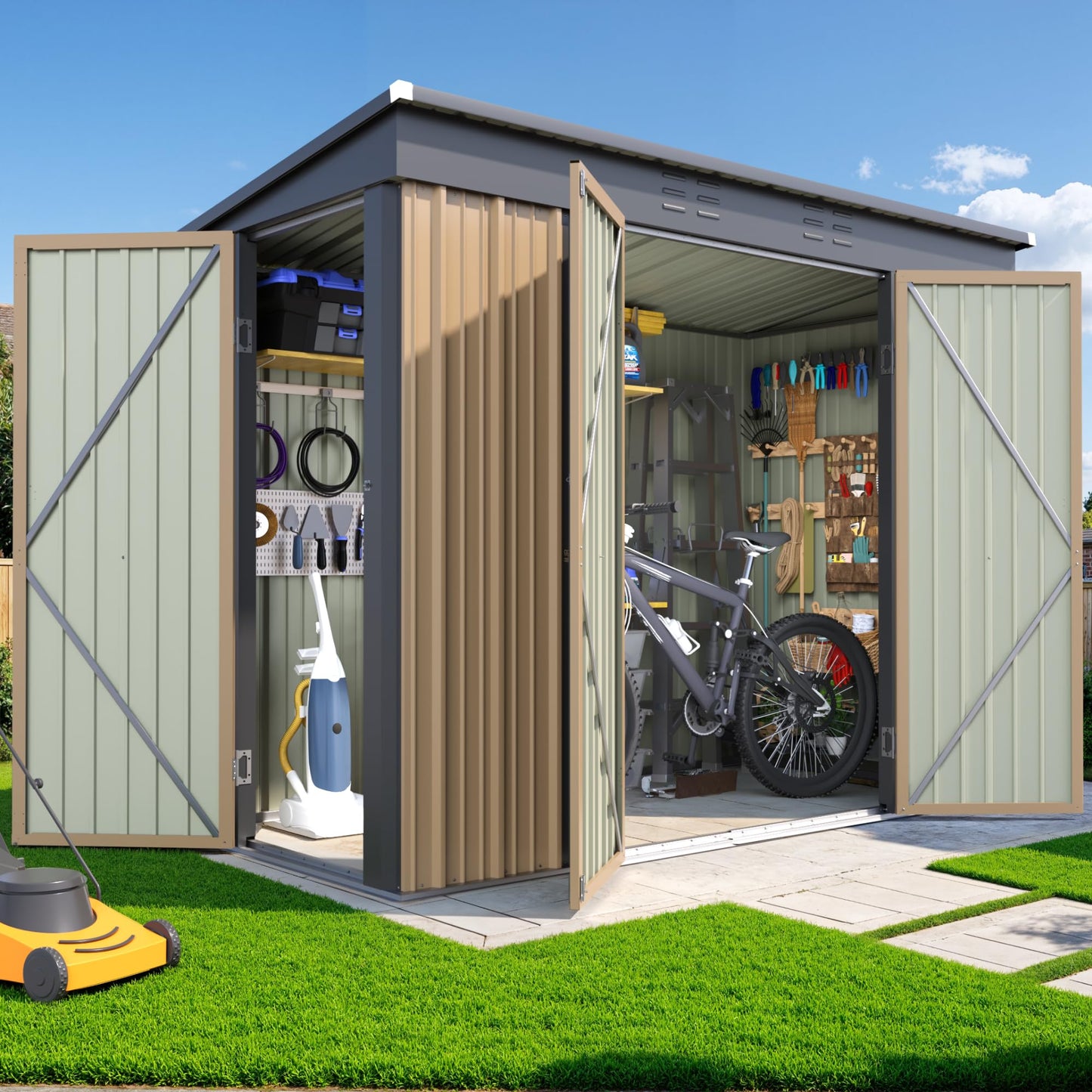 JUMMICO 8x4 FT Outdoor Storage Shed, Heavy Duty Tool Metal Sheds with 3 Lockable Doors and Updated Frame Structure for Backyard Patio Lawn, Brown