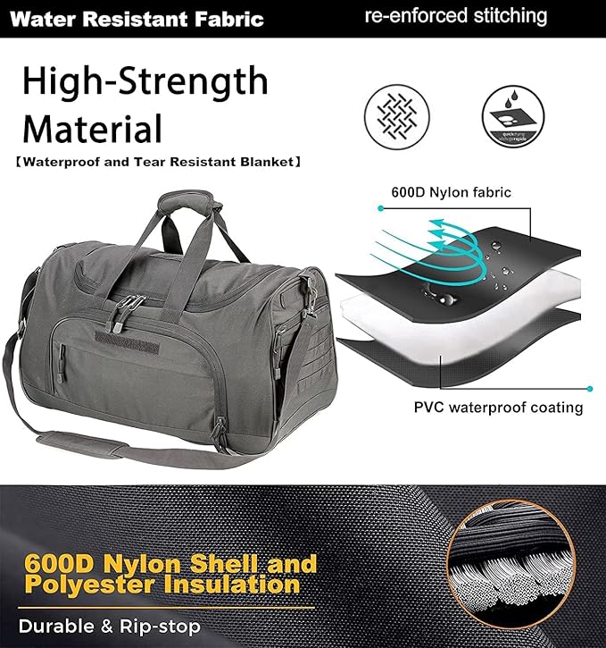 Gym Bag for Women & Men Tactical Duffle Military Weekender Work Out Lightweight Waterproof Sports Tote Shoe Pocket Gray