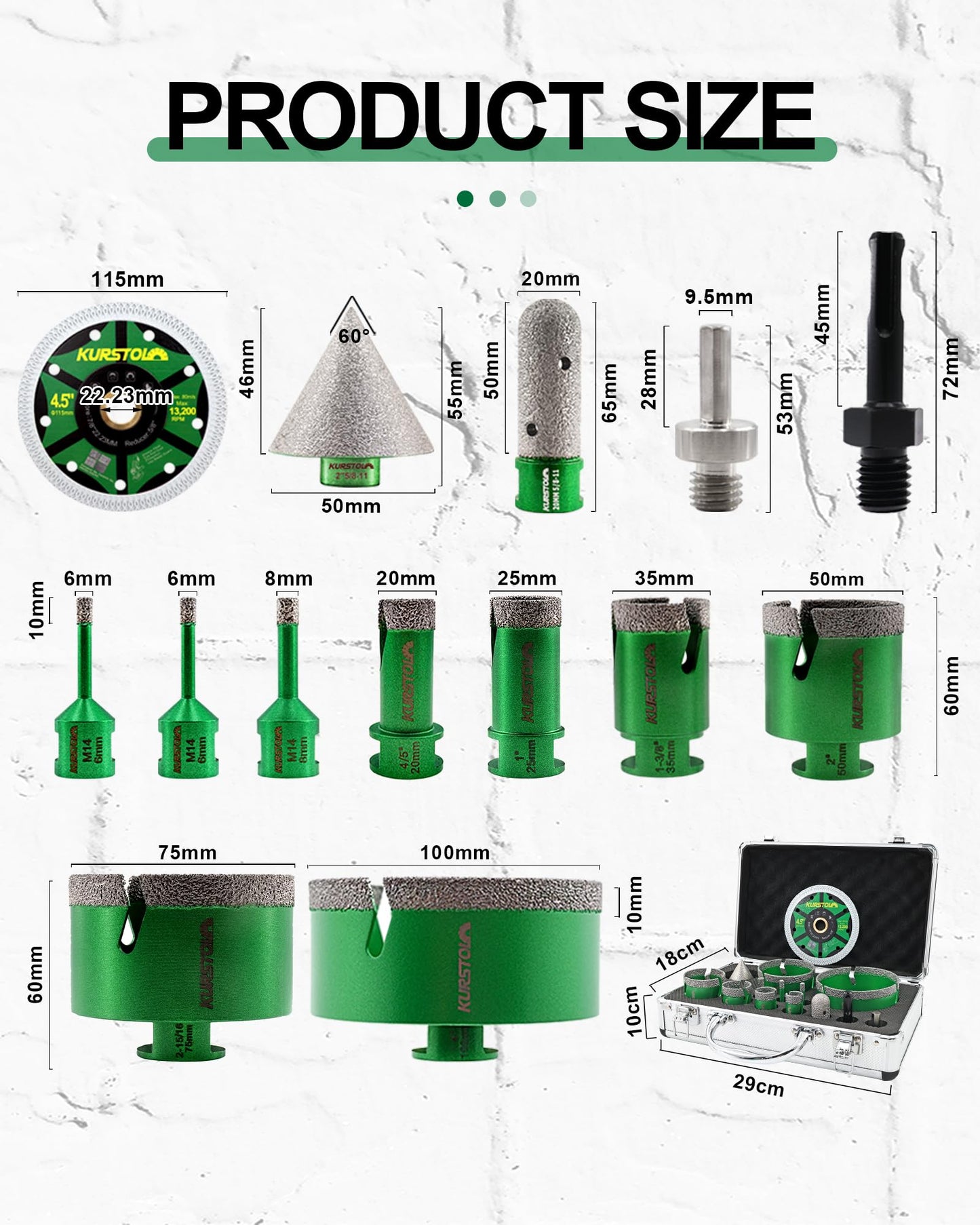 Tile Hole Saw Kit 14pcs- KURSTOL Diamond Core Drill Bits 6/6/8/20/25/35/50/75/100MM+4/5'' Finger Bit+2'' Chamfer Bit+4-1/2'' Saw Blade+SDS/HEX for Tile Porcelain Ceramic Granite Marble
