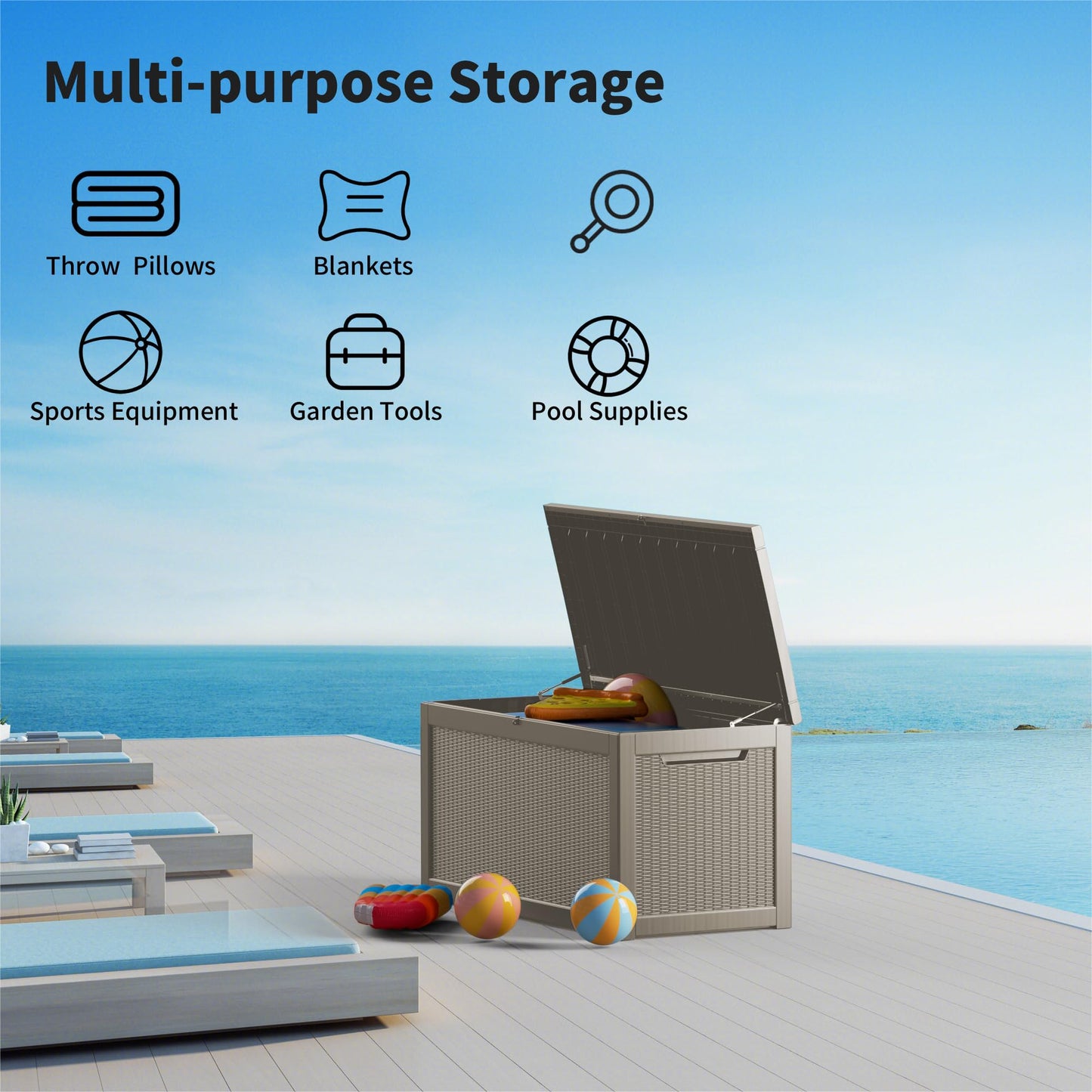 Decksplore Outdoor Storage Box Waterproof, 320 Gallon Lockable Resin Deck Box, Patio Storage Bin for Pool Accessories Cushion Furniture, Garden Tools, UV-Resistant Outside Delivery Grey
