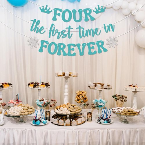 Four The First Time in Forever Banner - Snowflake 4th Birthday Decor | Princess Frozen Theme
