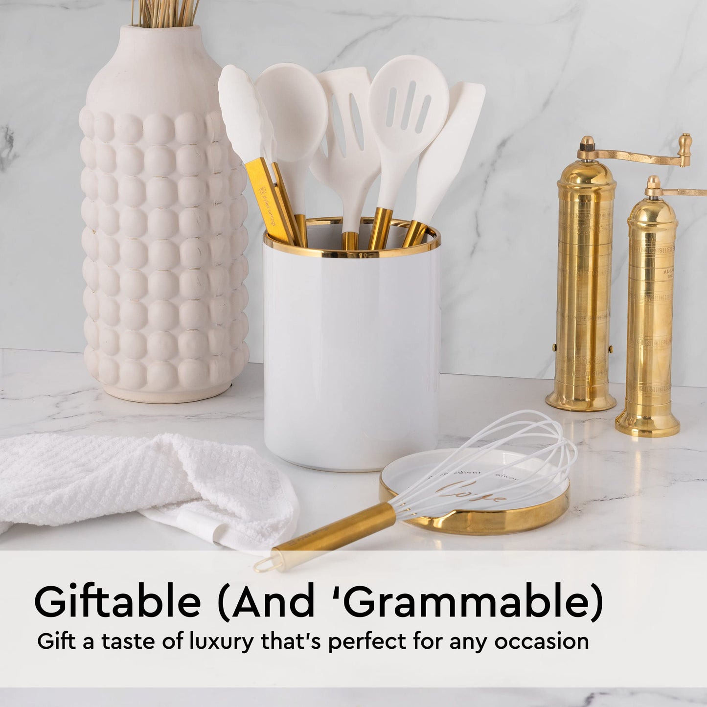 Gold Kitchen Utensils Set – 6 PC White Silicone and Gold Cooking Utensils with Spatula, Whisk, Tongs, Spoons, Cooking Tools for Nonstick Cookware – Luxury Kitchen Accessories for Home Chefs