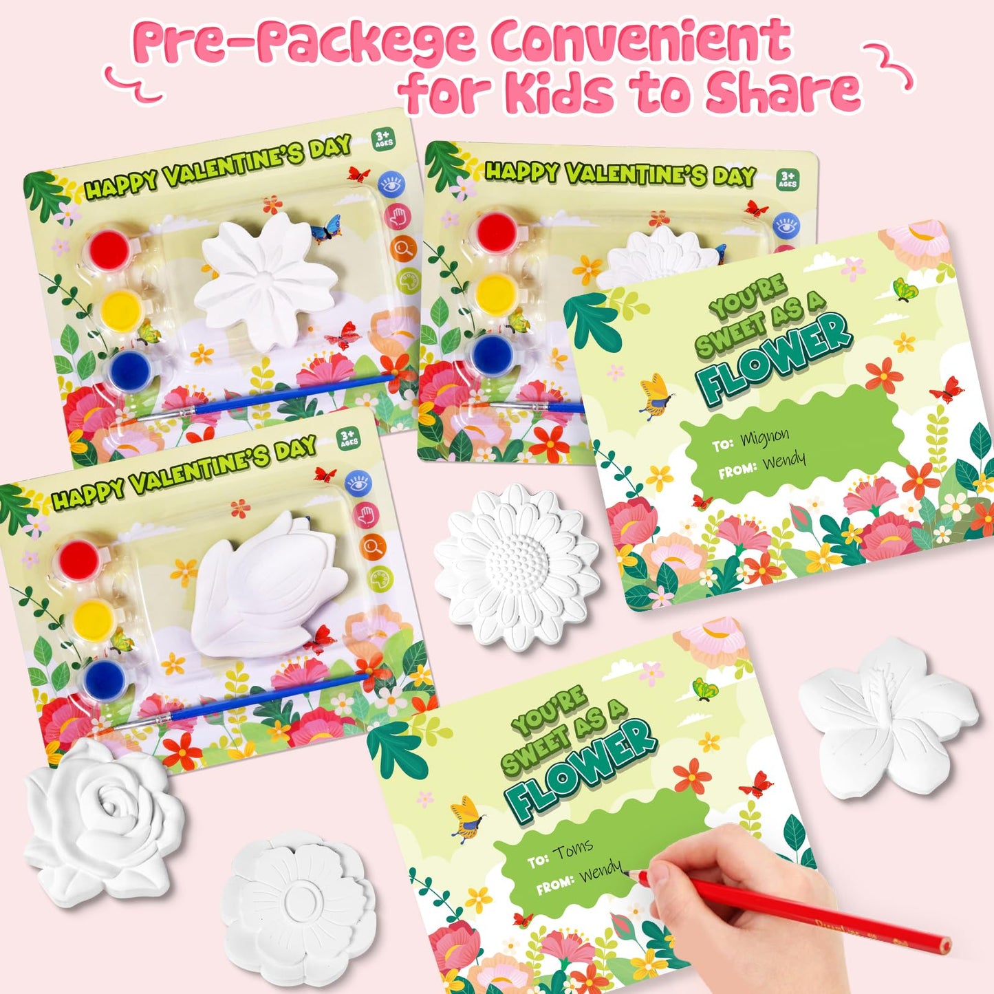 SpringFlower Valentine's Day Cards with Plaster Painting Kit for School Classroom Valentine's Gift Exchange, Valentine's Party Favor for Kids & Art and Craft Activity,24 Pack