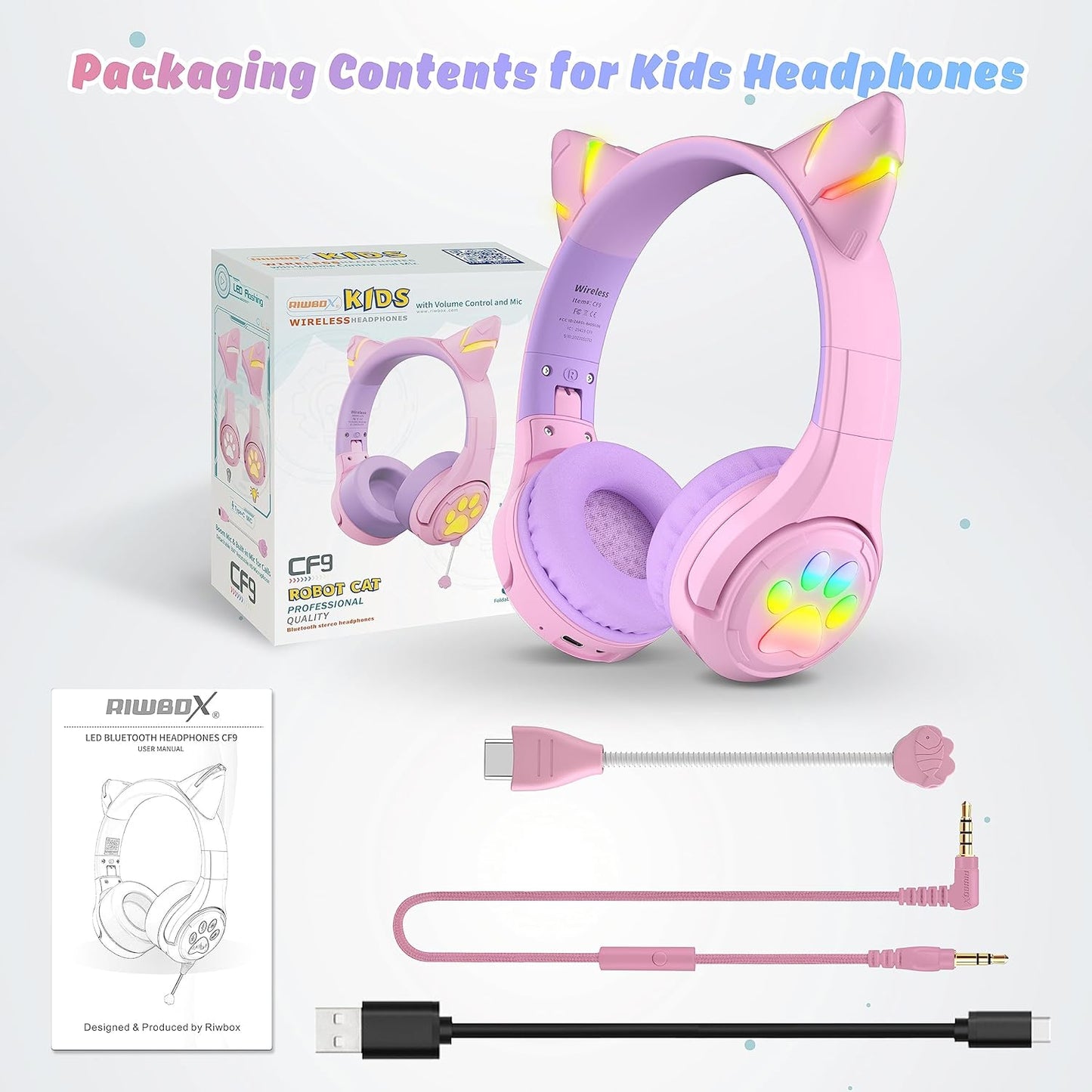CF9 85dB Riwbox Cat Ear Kids Bluetooth Headphones with LED Light Up,Safe Volume Limit,Built-in Mic&Boom Mic