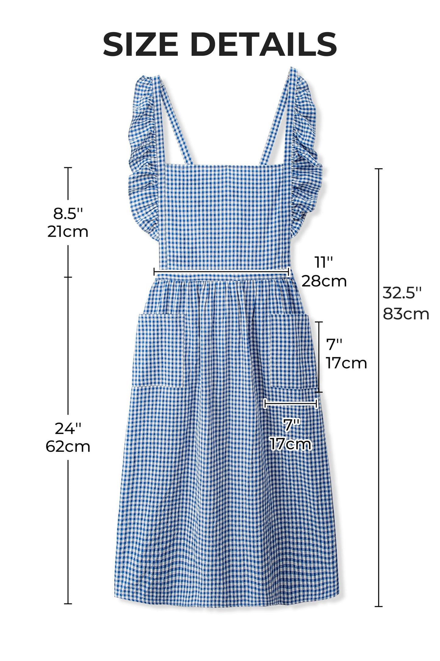 SeedBySea Vintage Gingham Apron for Women, Ruffle Straps, 2 Pockets, Cross Back, Soft Cotton, Apron Dress Style for Cooking & Baking