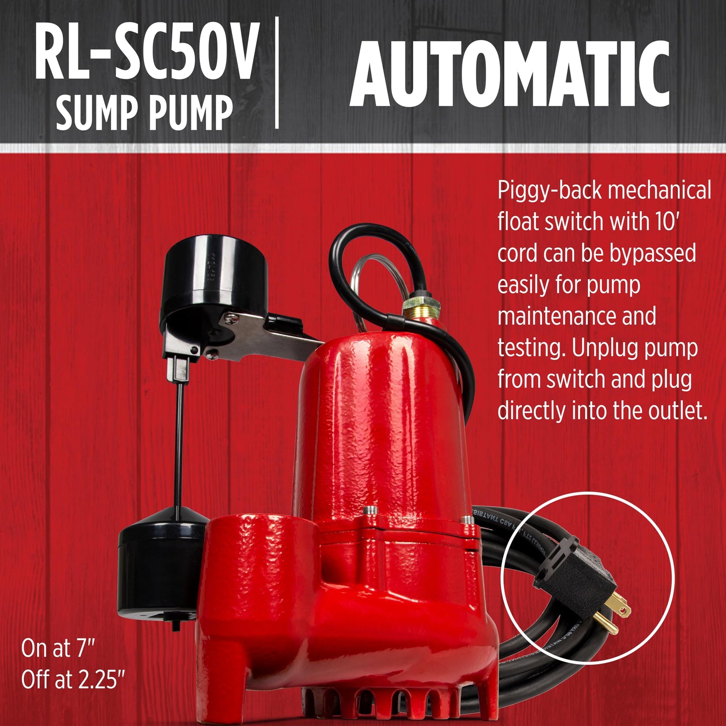 Red Lion RL-SC50V Submersible Water Pump, Heavy Duty Automatic Sump Pump with Vertical Float Switch, 1/2 HP, 4300 GPH, Cast Iron