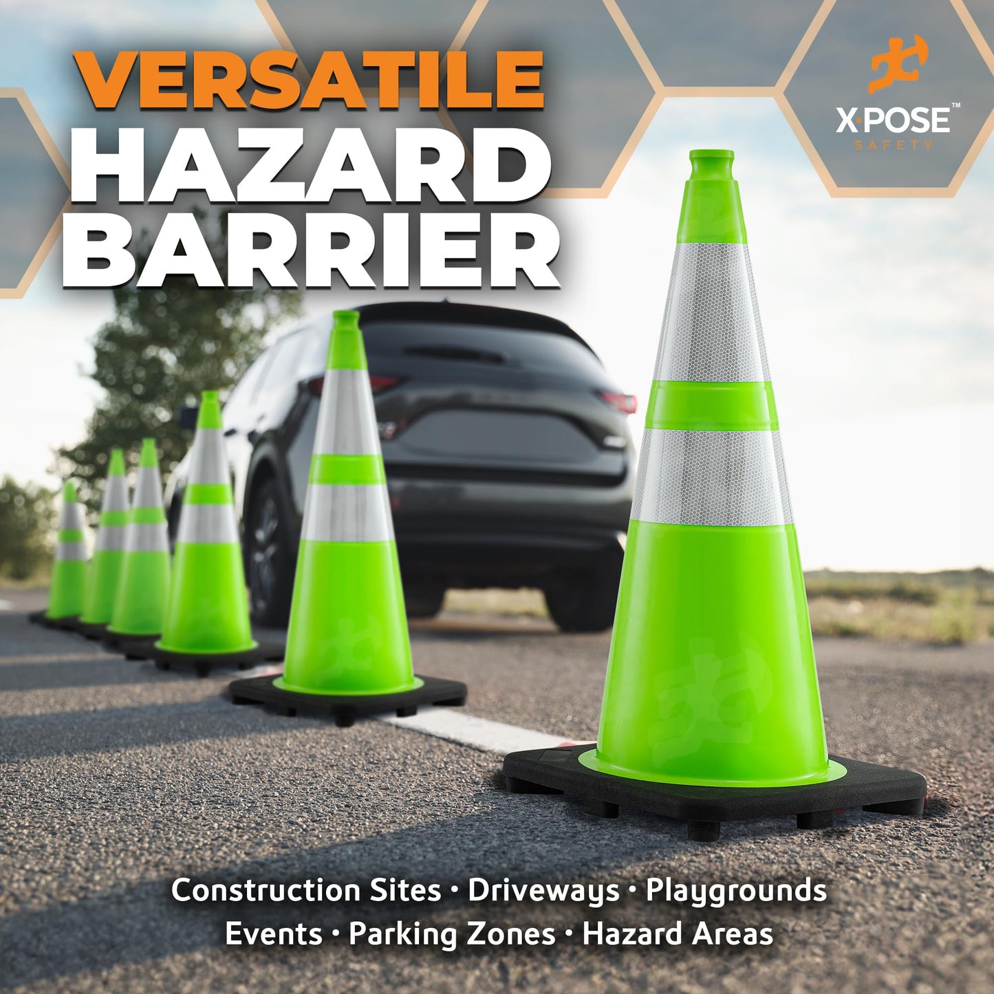 Xpose Safety 28” Lime Green Traffic Cone Dual 6" & 4" Reflective Collar – 6 Pack Multipurpose Premium PVC Safety Cone for Parking, Caution, Construction, Road Crews – Custom Stenciling Available
