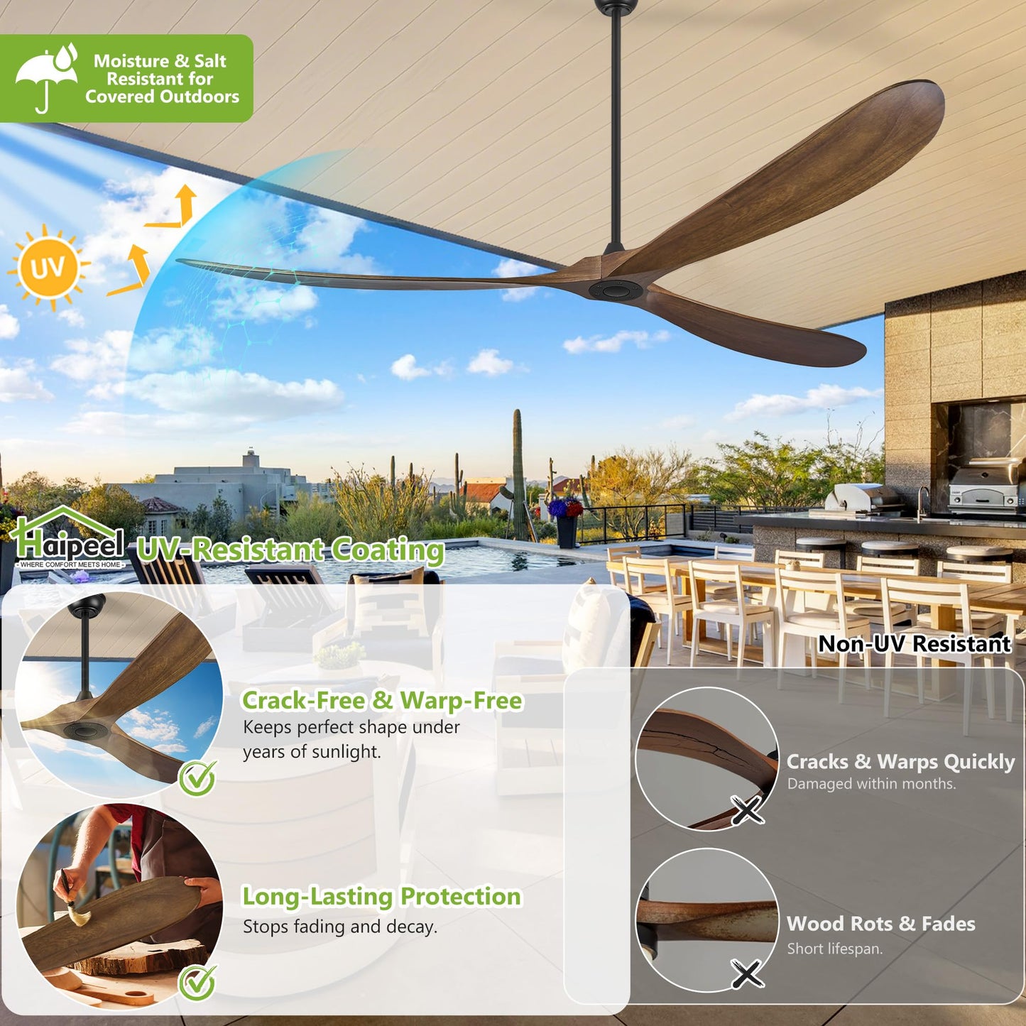 Haipeel Wood Ceiling Fans without Lights, 84 Inch Extra Large Ceiling Fan no Light with Remote, High CFM Indoor Outdoor Ceiling Fan no Light 3 Blade Propeller for Patios Farmhouse Garage, Dark Walnut