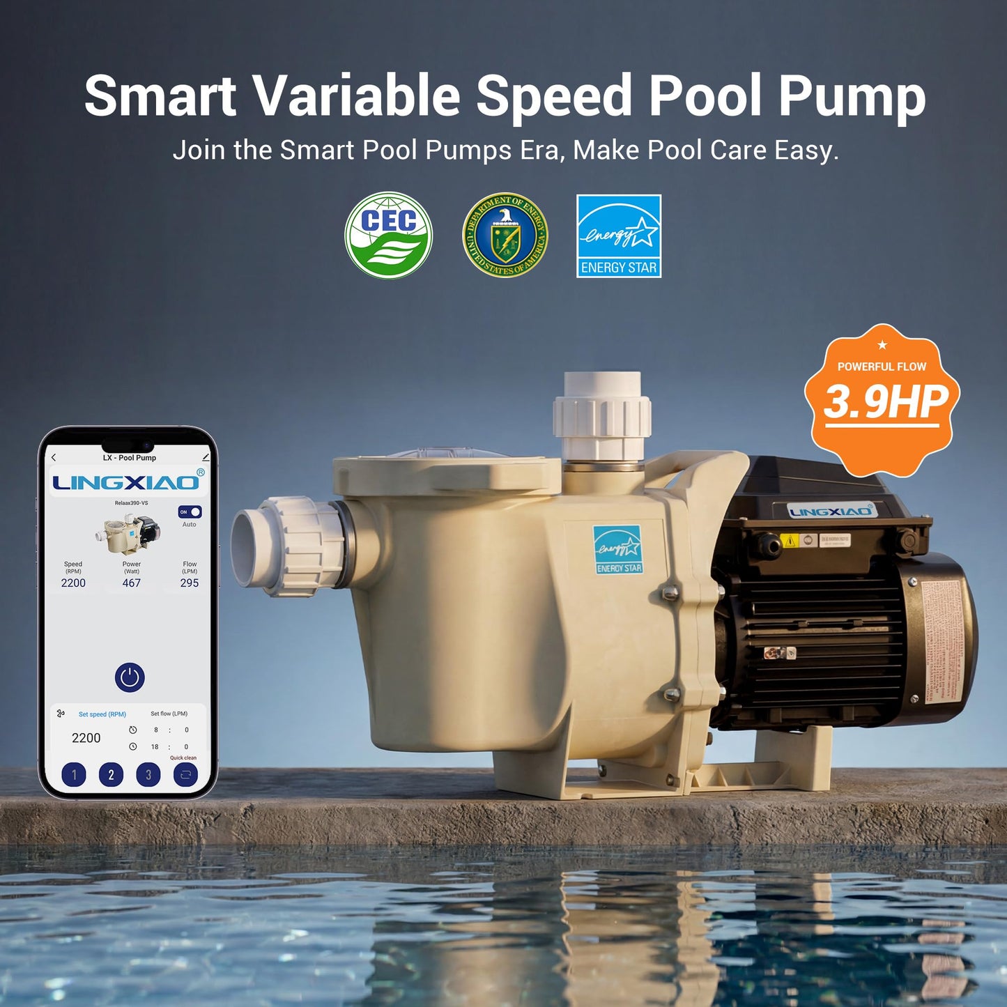 LINGXIAO 3HP Variable Speed Pool Pump - Energy Star Certified Smart Inground Pool Pump, 208-230V Self-Priming Pump Motor, 10800 GPH High Flow, Waterfall Pool Pumps with Filter Basket & 2-Inch Fittings