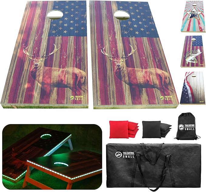LED Cornhole Board Set 4FTx2FT Solid Wood Regulation Size Cornhole Set with LED Lights Includes 8 Cornhole Bags for Adults (USA Flag & Deer, 4'x2')