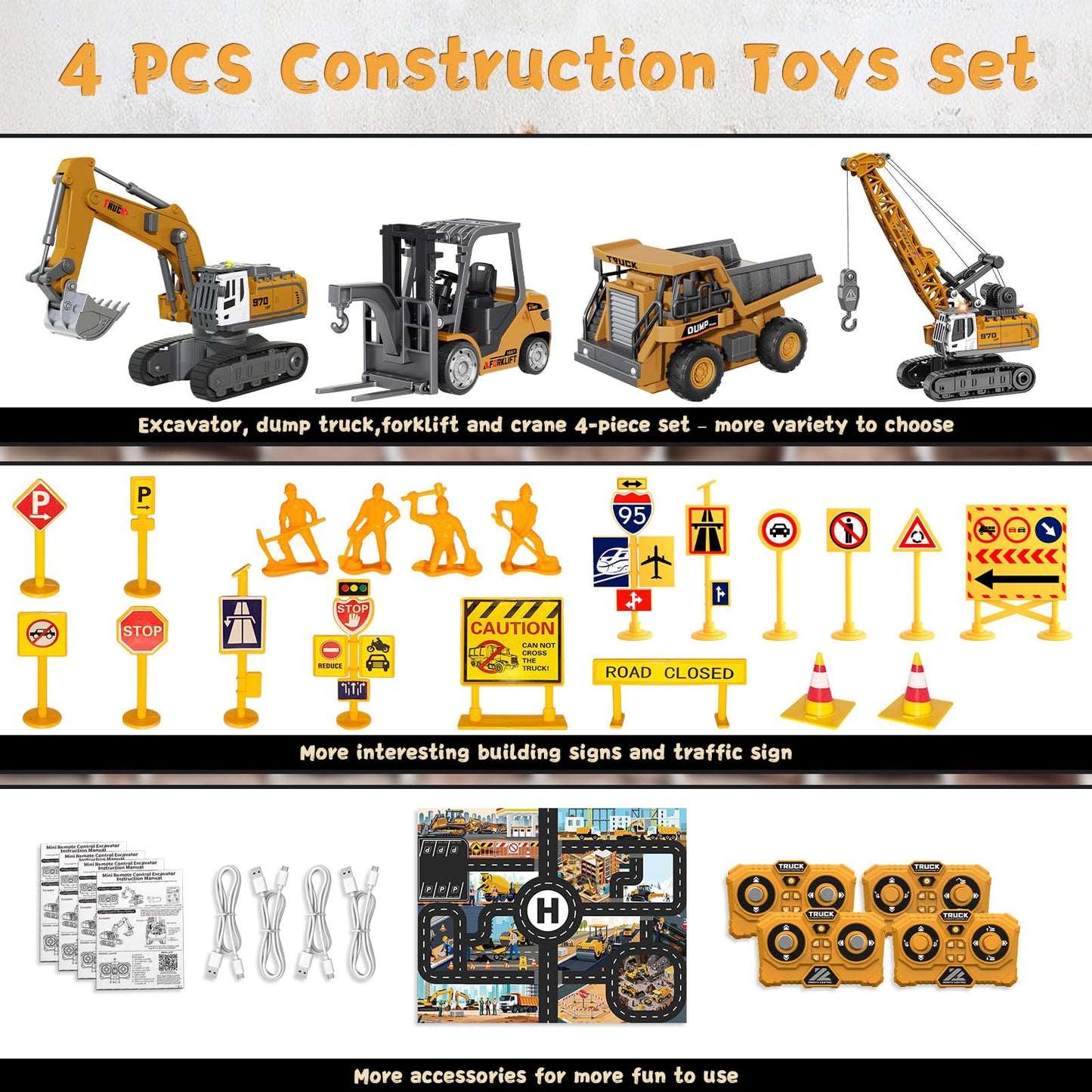 4 PCS RC Construction Vehicles Set with Mini Excavator dump truck Forklift and crane USB Charge Real Lights & Sounds and Movable Parts & Traffic Sign Simulate True Scale Birthday Gifts for Kids Adults