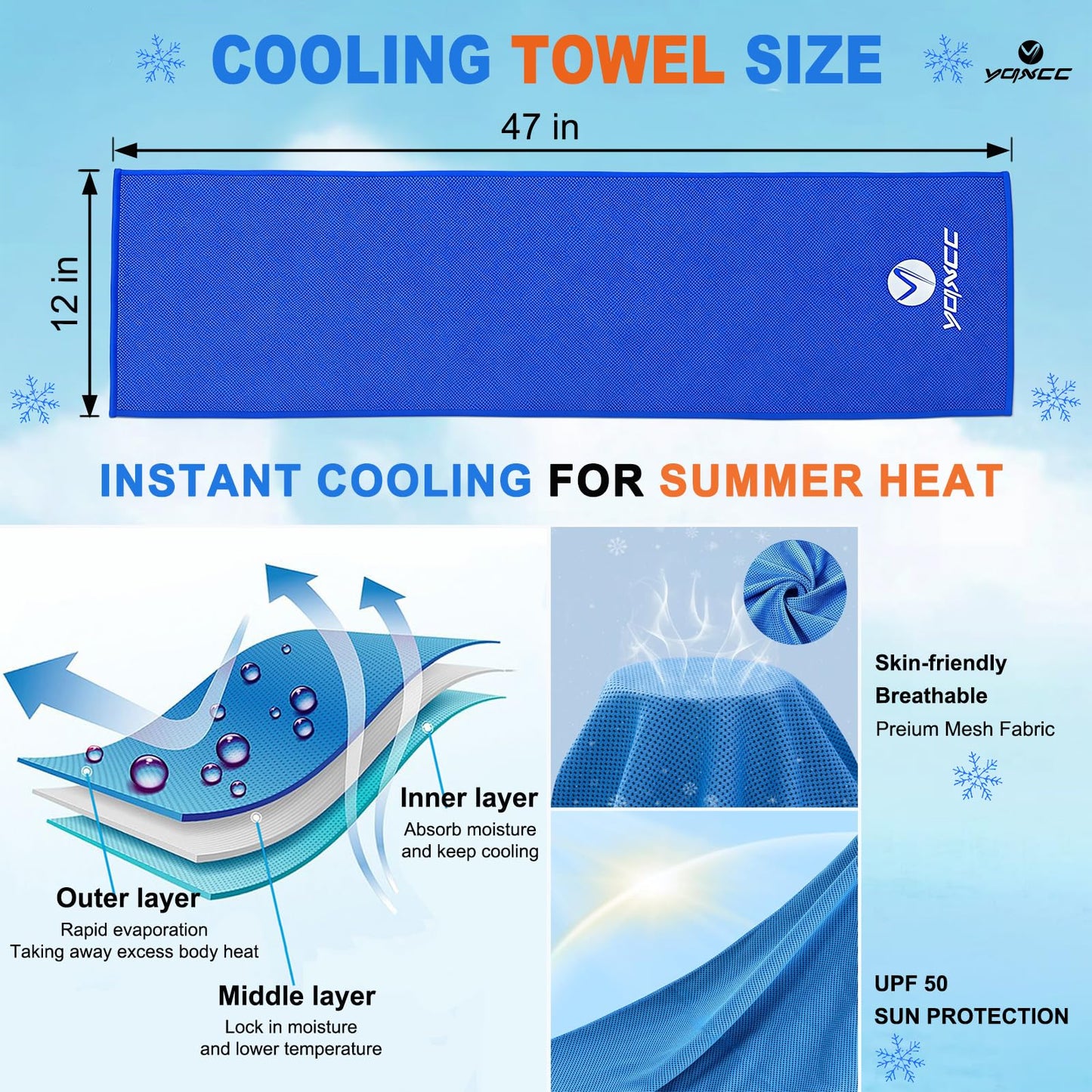 YQXCC Cooling Towels | 4 Pack 47"x12" | Ice Cool for Neck | Microfiber Soft Breathable Chilly | for Yoga, Sports, Golf, Gym, Camping, Running, Fitness, Workout & More Activities