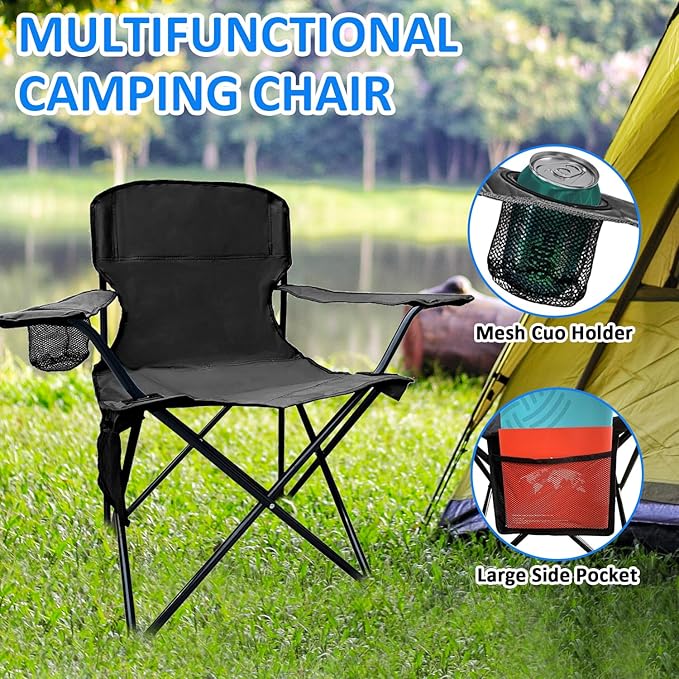 Folding Camping Chair, 225lb Capacity, Includes Cup Holder & Side Storage Bag, 5.5lbs Portable for Beach, Camping, Sport,Black