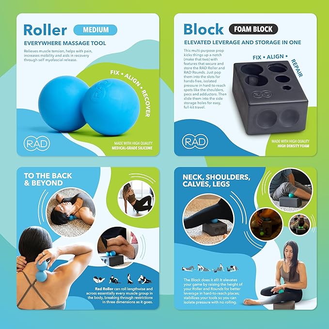 RAD Yoga Bundle for Myofascial Release, Muscle Recovery, & Relaxation ??Includes Multi-Use Yoga Block, Neuro Ball Foot Roller, Peanut & Massage Balls in Multiple Sizes & Densities