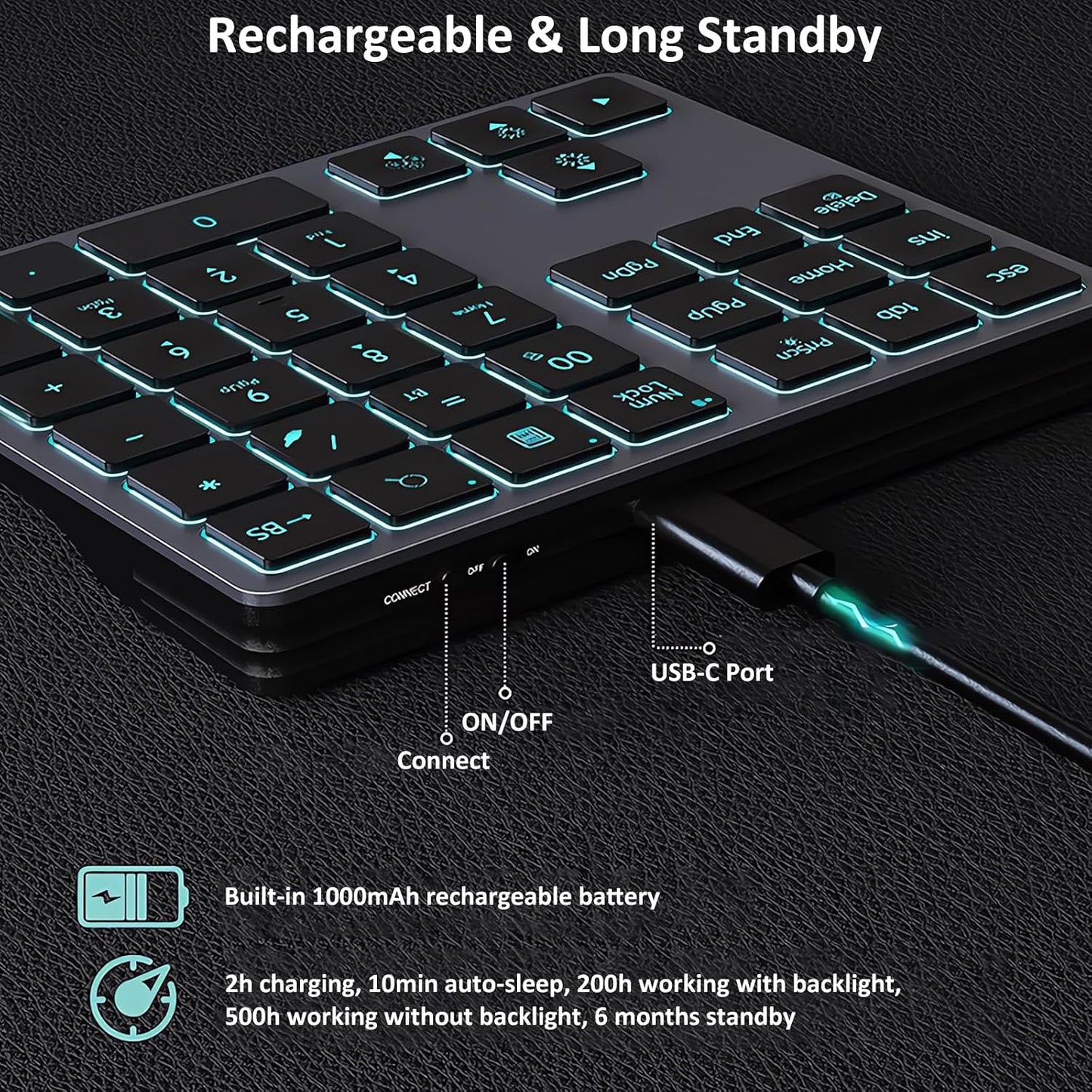 LINKEET 7-Color BT5.0/USB/2.4G 35-Key Tri-Mode Aluminum Numpad LED Backlit, Wireless Rechargeable Number Pad Scissor